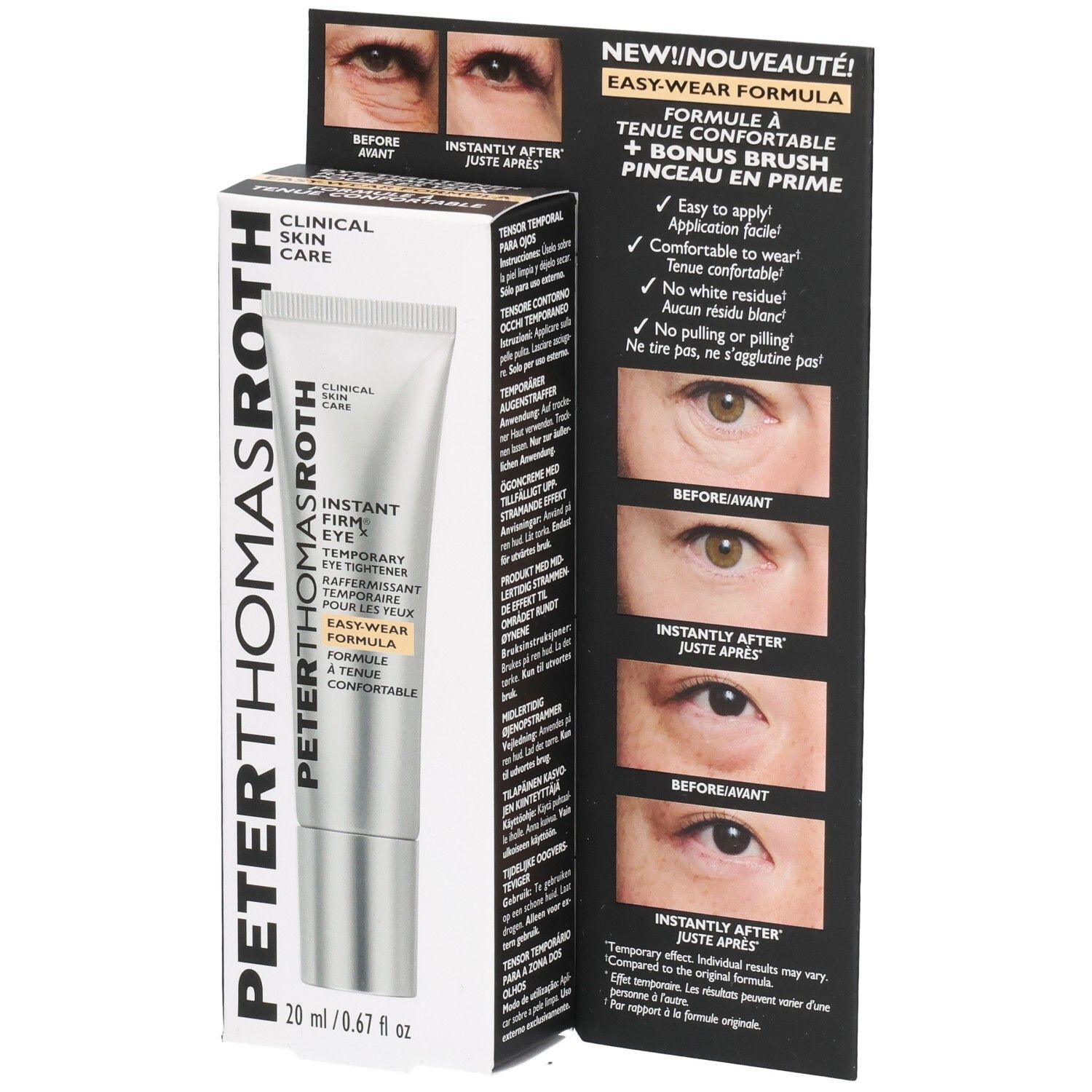 Peter Thomas Roth Instant FIRMx Eye Tiegel mit Applikator und Verpackung. Zeigt Vorher/Nachher-Bilder.