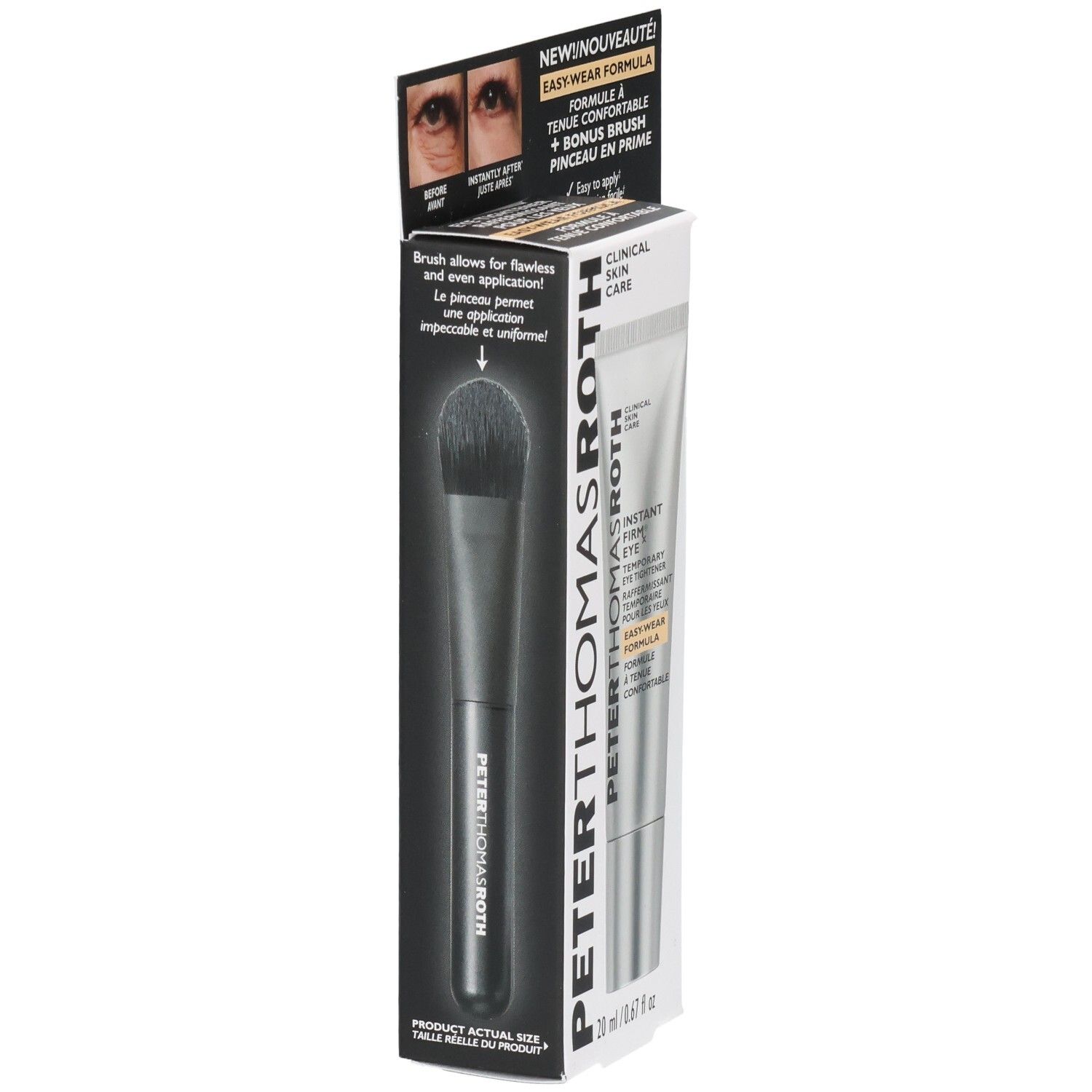 Peter Thomas Roth Instant FIRMx Eye Tiegel und Pinsel. Verpackung mit Anwendungshinweisen und Vorher/Nachher-Bildern.