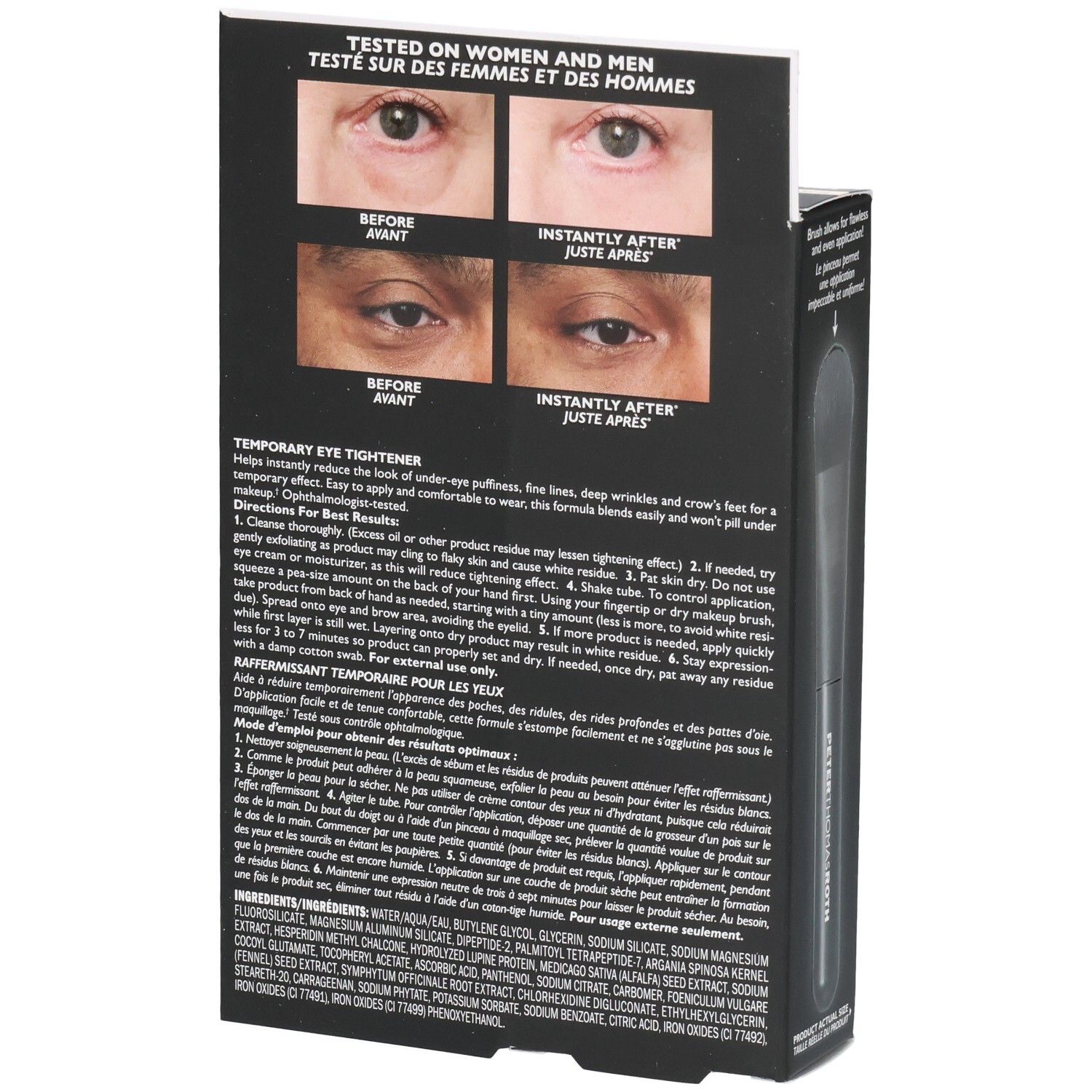 Rückseite der Peter Thomas Roth Instant FIRMx Eye Verpackung mit Anwendungshinweisen und Inhaltsstoffen.