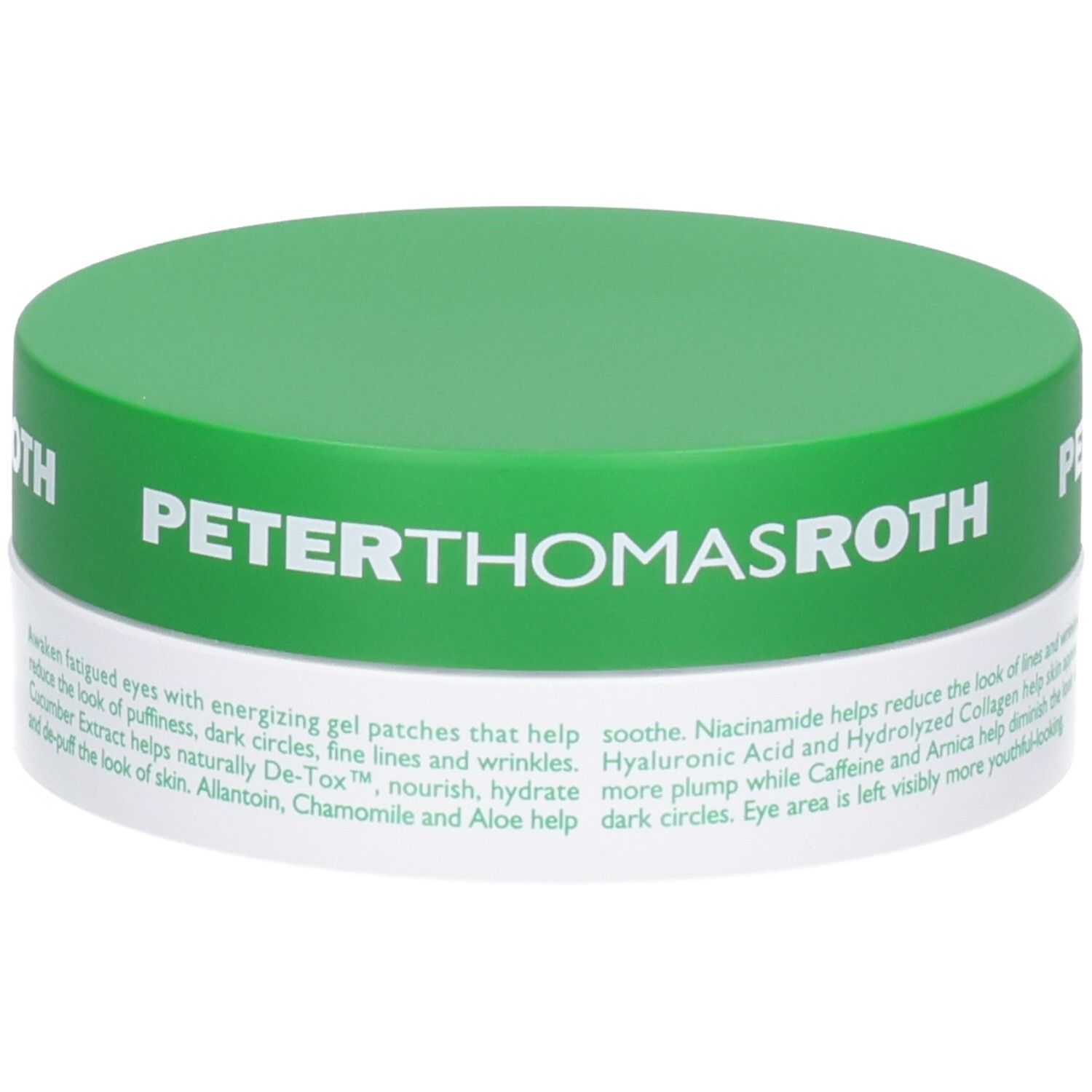 Peter Thomas Roth Cucumber De-Tox Hydra-Gel Eye Patches, Seite mit Inhaltsstoffen.