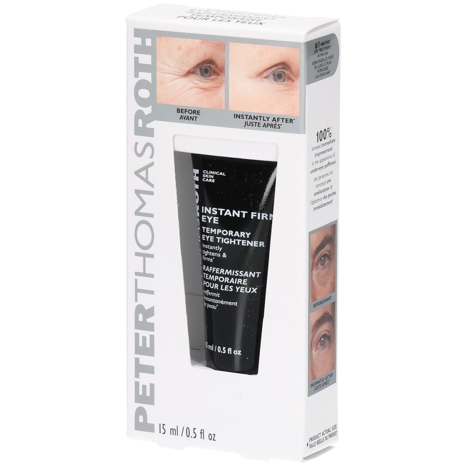Verpackung mit Augenpflege-Tube und Vorher/Nachher-Bildern.