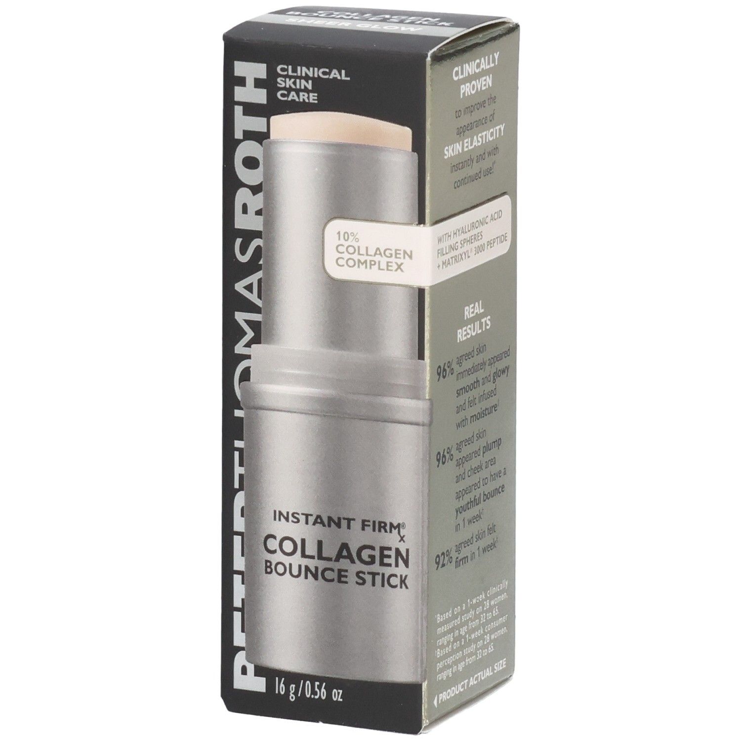 Peter Thomas Roth Instant FirmX Collagen Bounce Stick, 16g. Silberner Stick mit aufgesetztem Deckel.