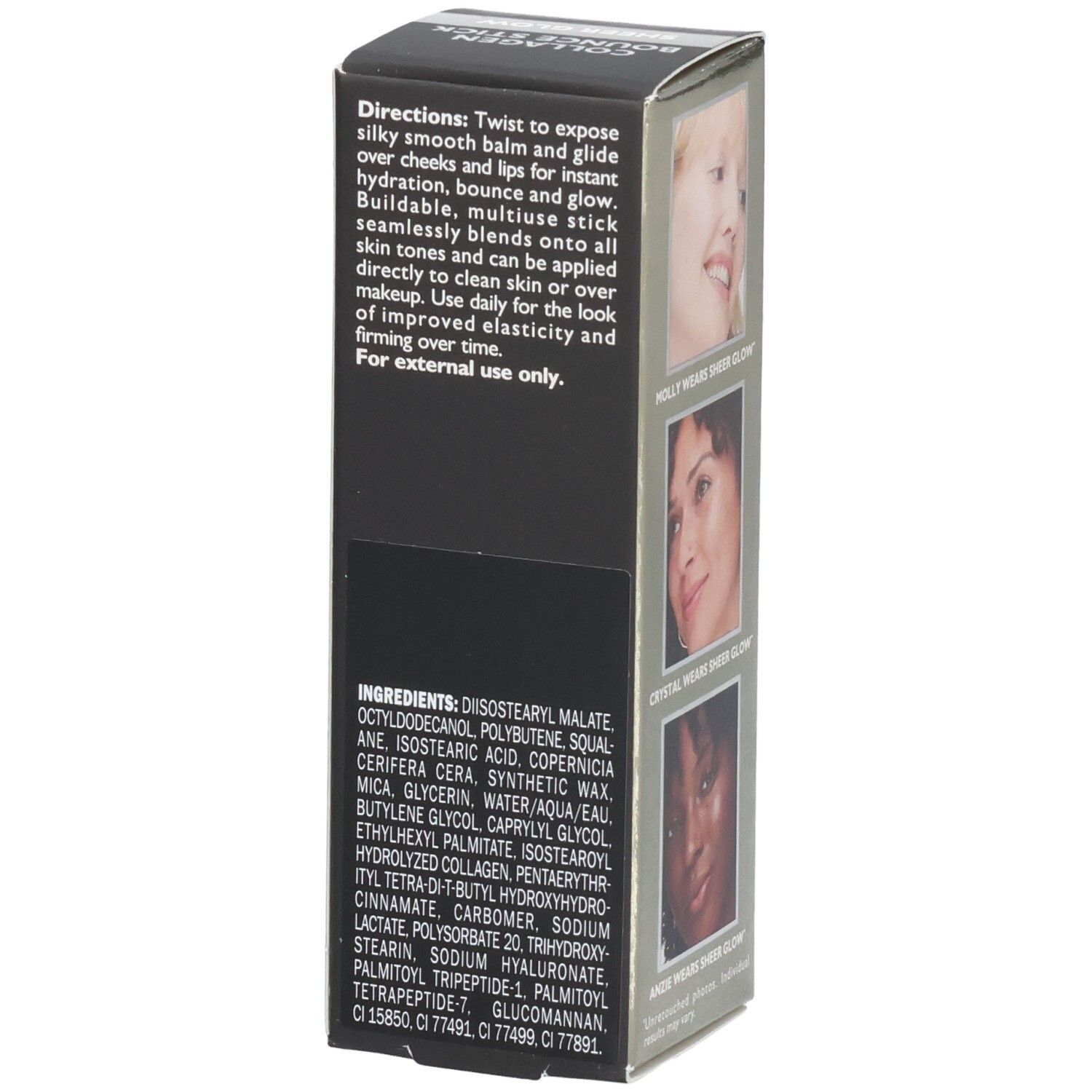 Rückseite der Peter Thomas Roth Instant FirmX Collagen Bounce Stick Verpackung mit Anwendungshinweisen und Inhaltsstoffen.