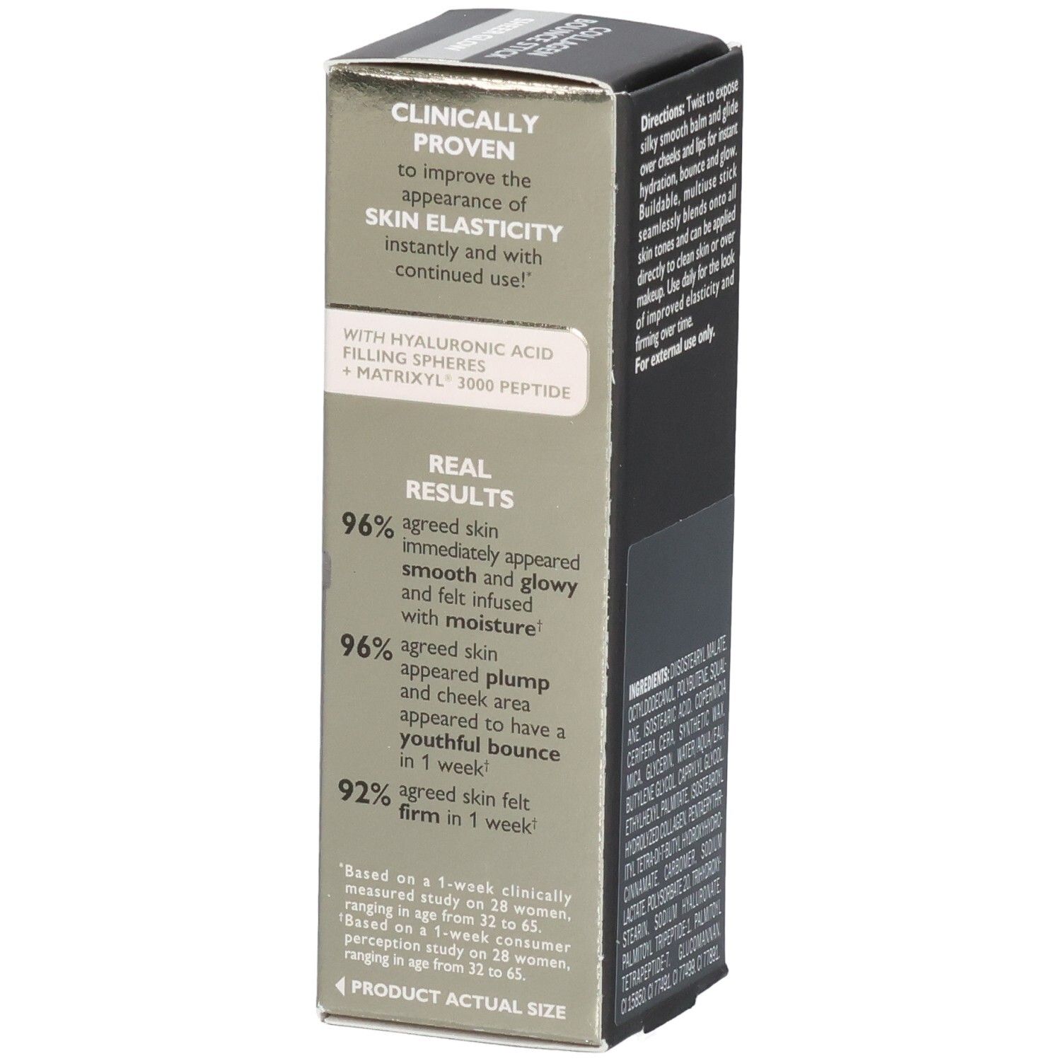 Peter Thomas Roth Instant FirmX Collagen Bounce Stick Verpackung mit klinischen Ergebnissen und Inhaltsstoffen.