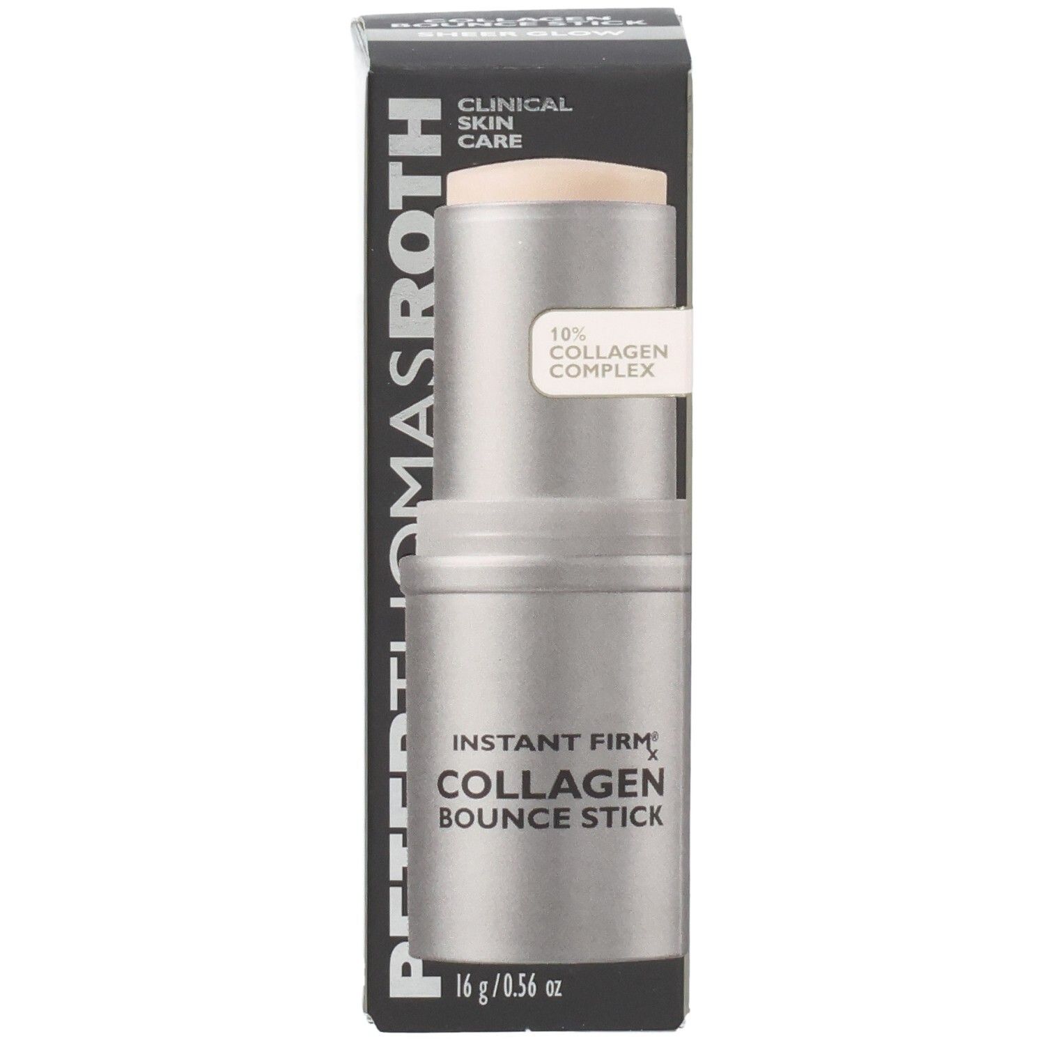 Peter Thomas Roth Instant FirmX Collagen Bounce Stick, 16g. Silberner Stick mit aufgesetztem Deckel.