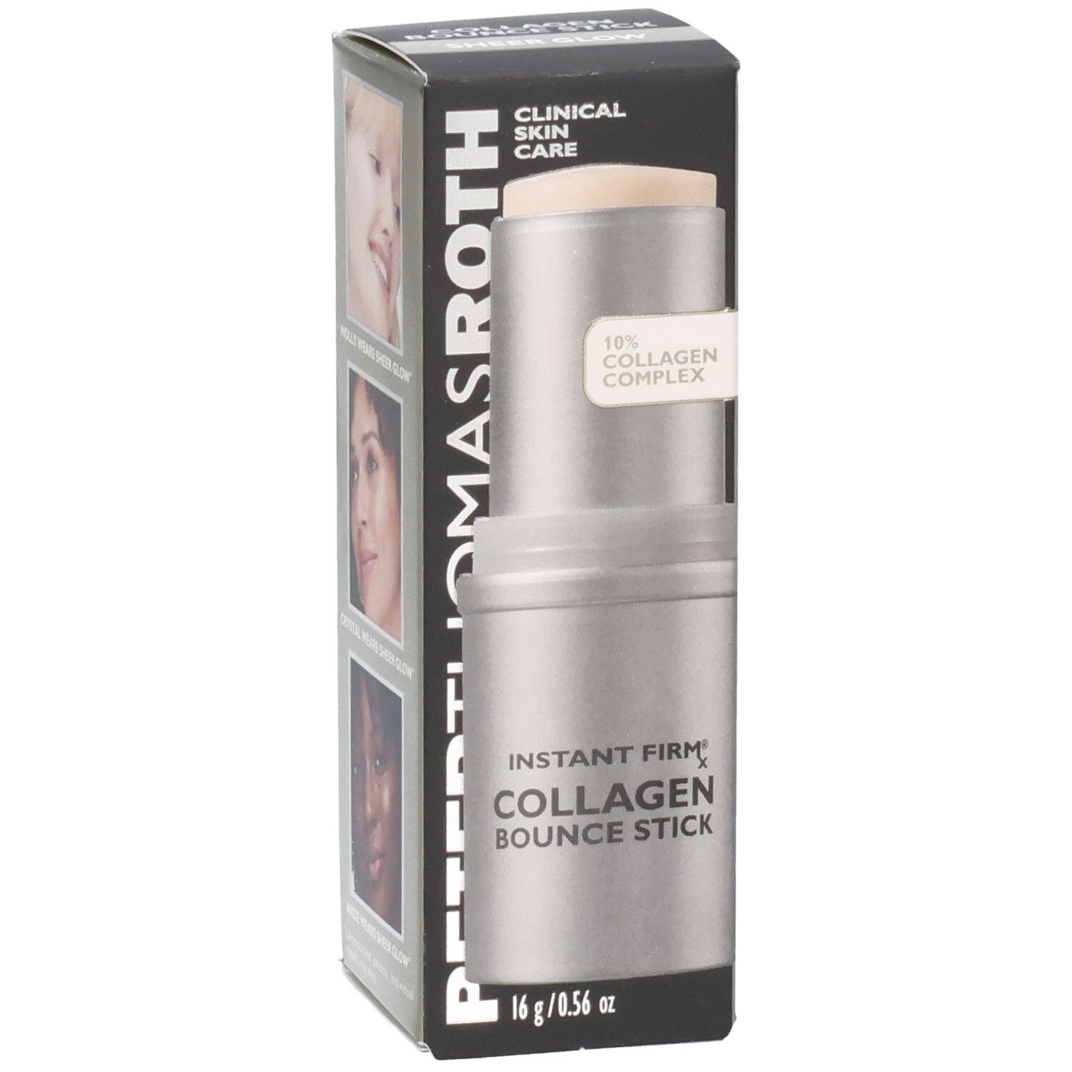 Peter Thomas Roth Instant FirmX Collagen Bounce Stick Verpackung mit Stick und drei Frauenporträts.