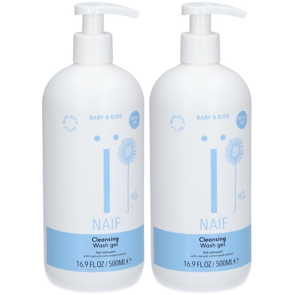 Zwei weiße Pumpflaschen NAÏF® Baby & Kids Reinigendes Duschgel, 500ml.