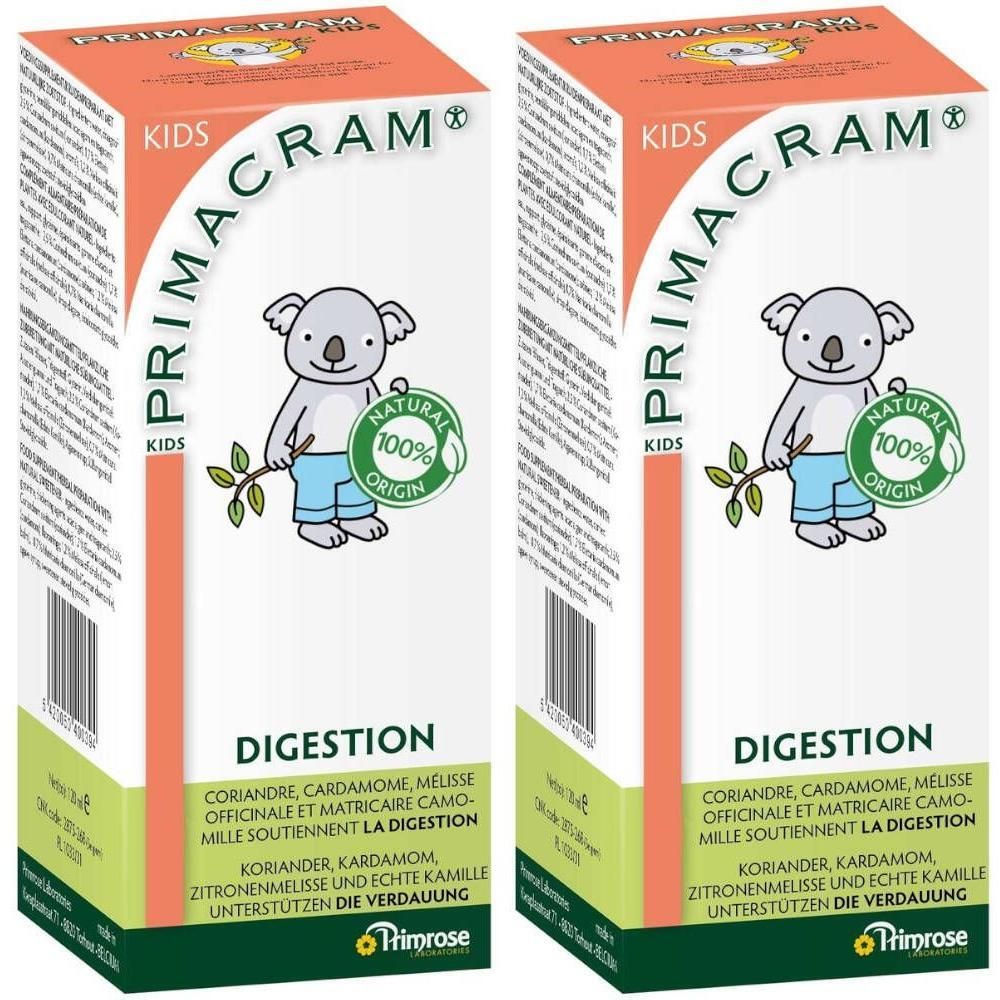 Zwei Primacram Kids Kartons mit Koala-Illustration, 100% Origin-Siegel und Text zu Verdauungshilfe.