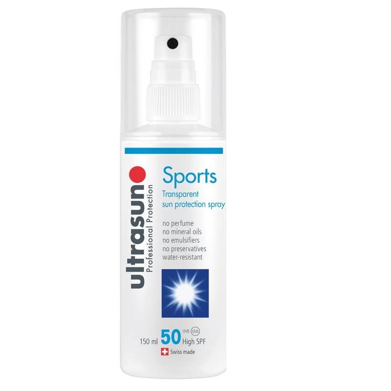 Weißes Spray mit Sprühkopf und transparenter Kappe. Aufschrift 'Sports' und 'ultrasun'. Schutzfaktor 50.