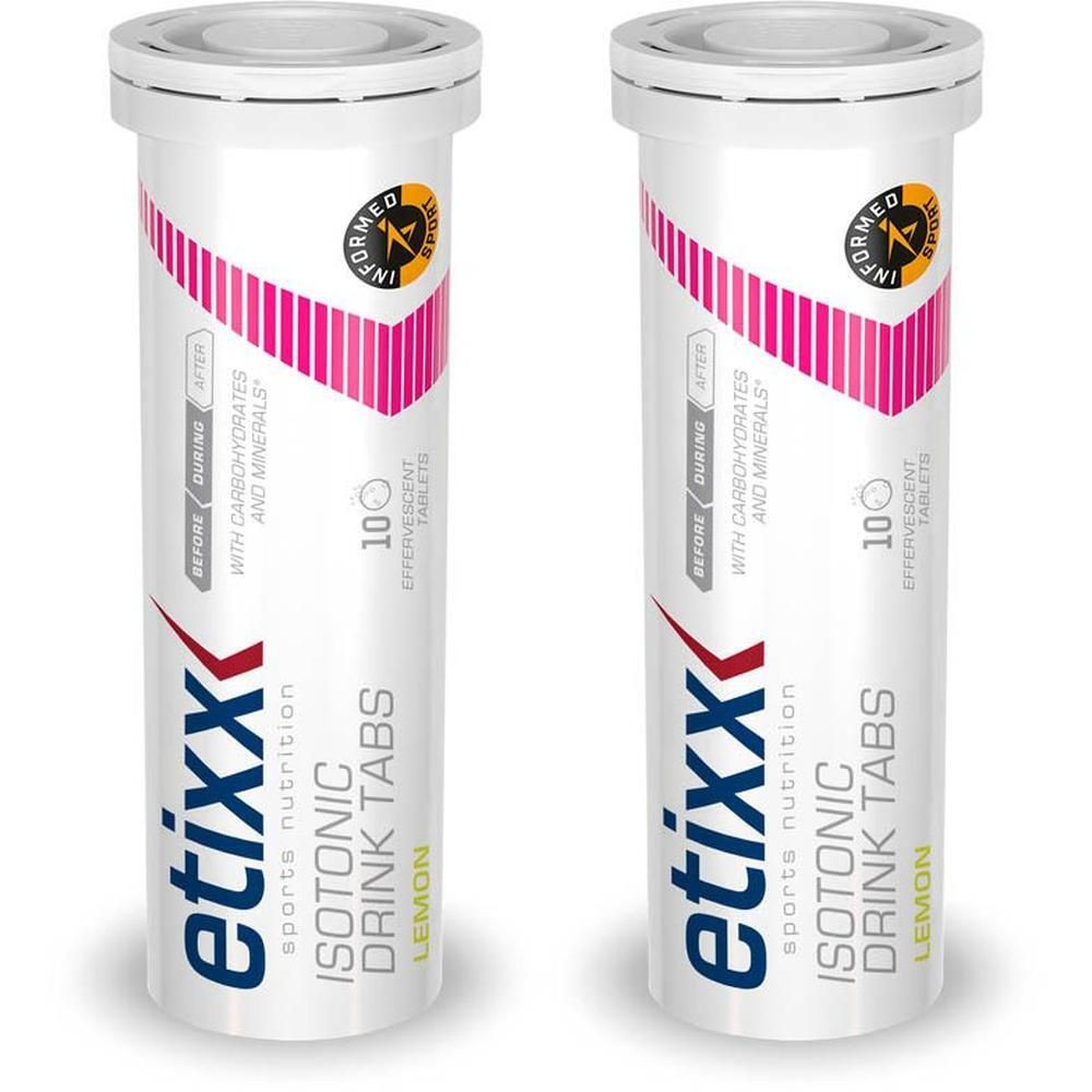 Zwei Röhren Etixx Isotonic Drink Tabs Zitrone mit jeweils 10 Brausetabletten. Informed-Sport zertifiziert.