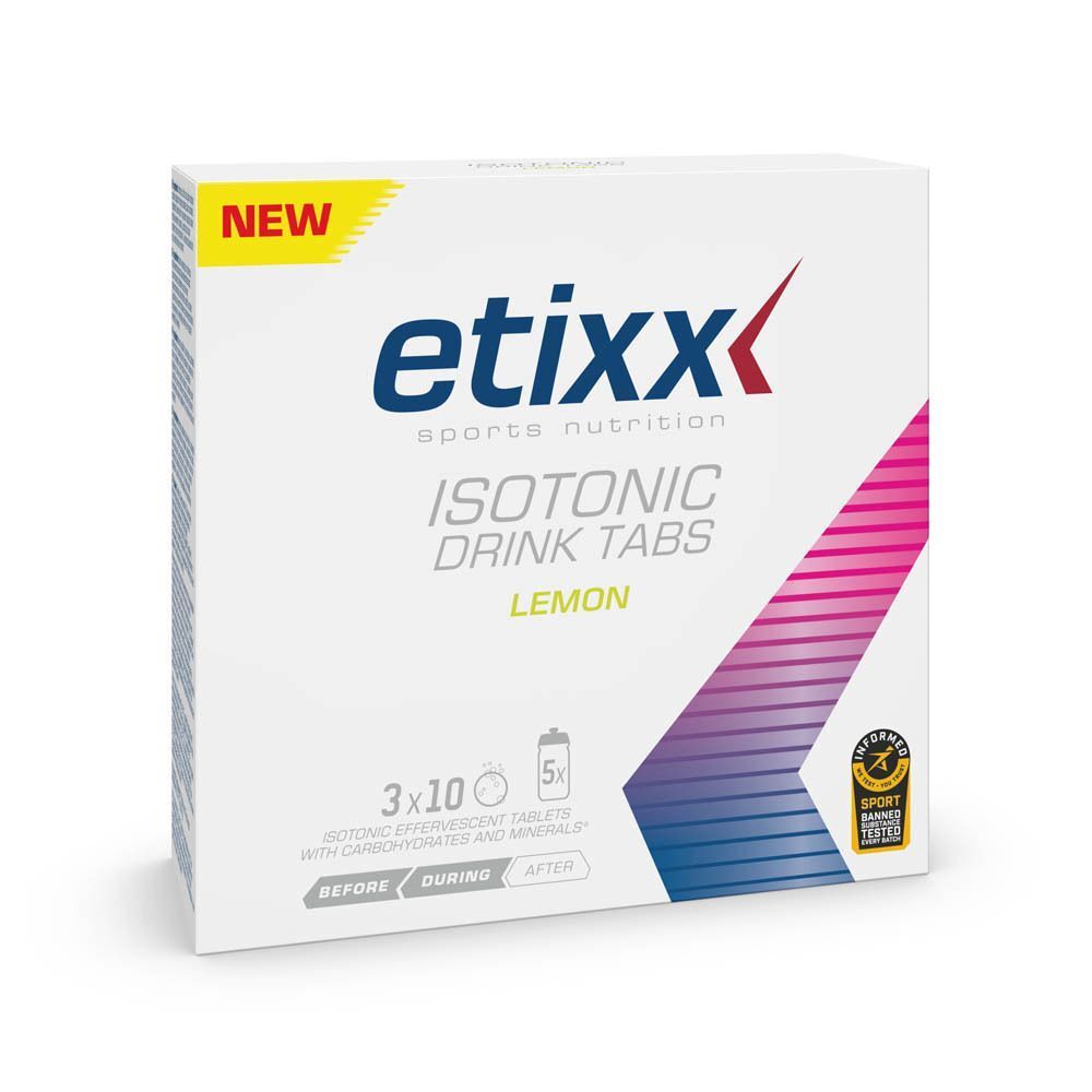 Verpackung Etixx Isotonic Drink Tabs Zitrone, 3x10 Brausetabletten. Neuware, Informed-Sport zertifiziert.