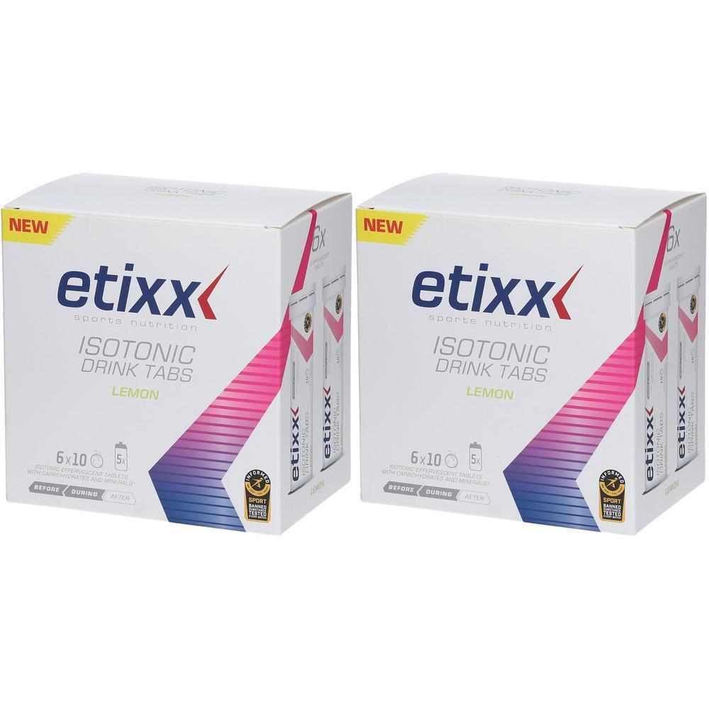 Zwei Packungen Etixx Isotonic Drink Tabs Zitrone, jeweils 6x10 Tabletten.