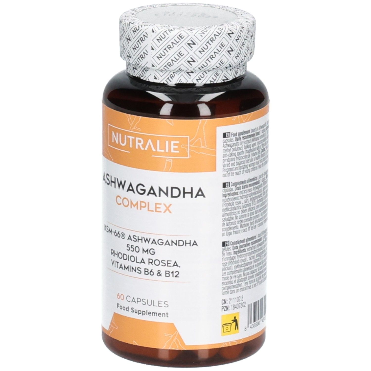 Nutralie Ashwagandha Complex KSM-66: Ashwagandha KSM-66 550mg, Rhodiola Rosea Extrakt 3%, Vitamine B6 & B12.