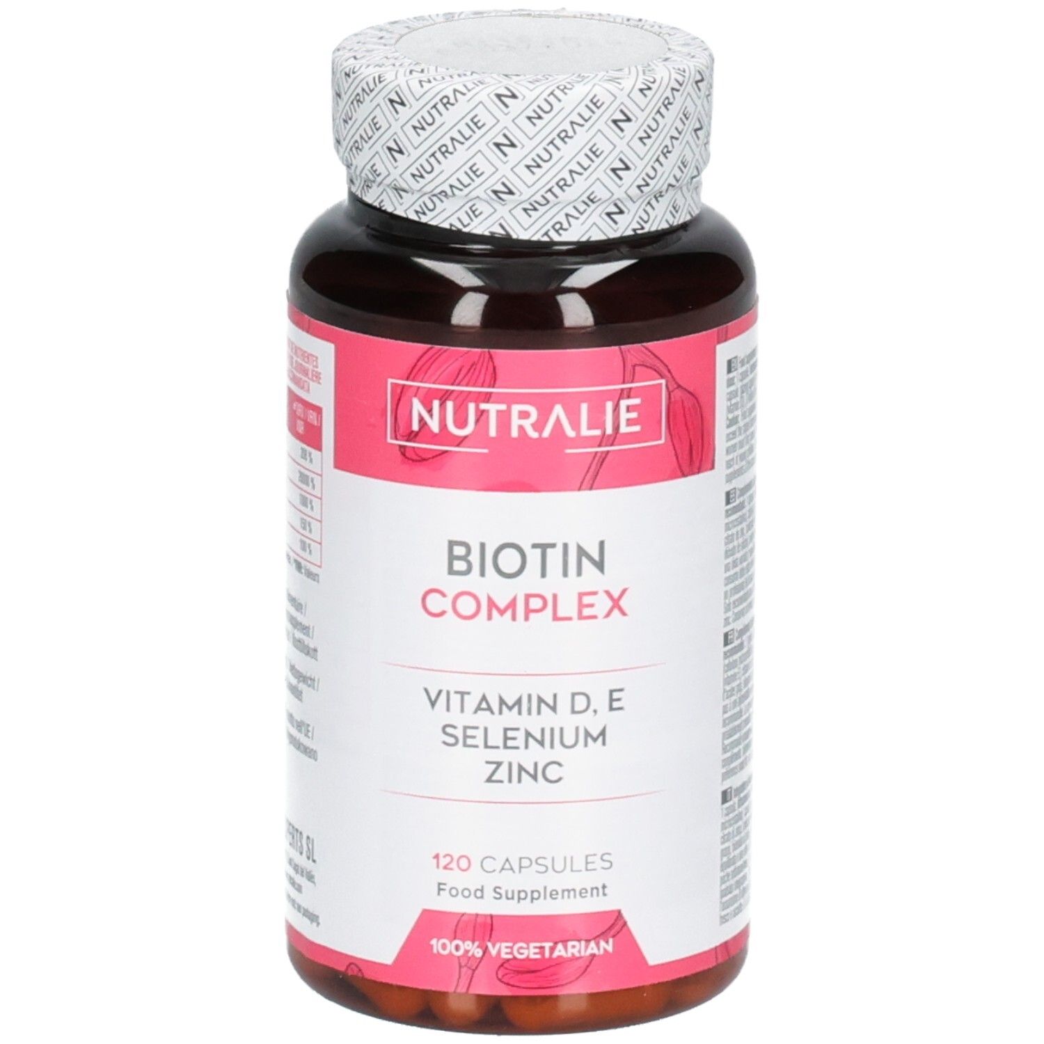 Nutralie Biotin Complex Flasche mit 120 Kapseln, Vitamin D, E, Selen, Zink. 100% vegetarisch.