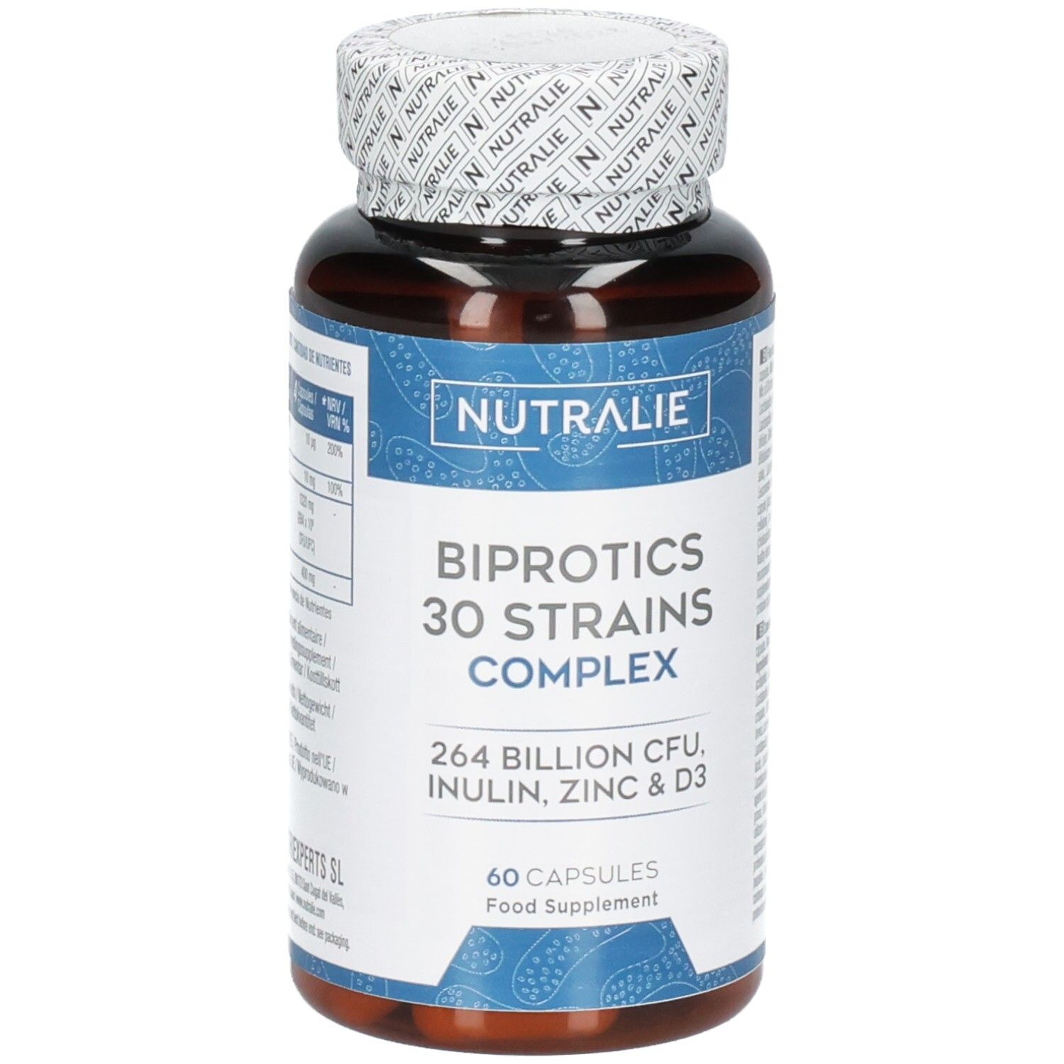 Braune Kapselbehälter mit Nutralie Biprotics 30 Stämme Komplex Etikett, 60 Kapseln.