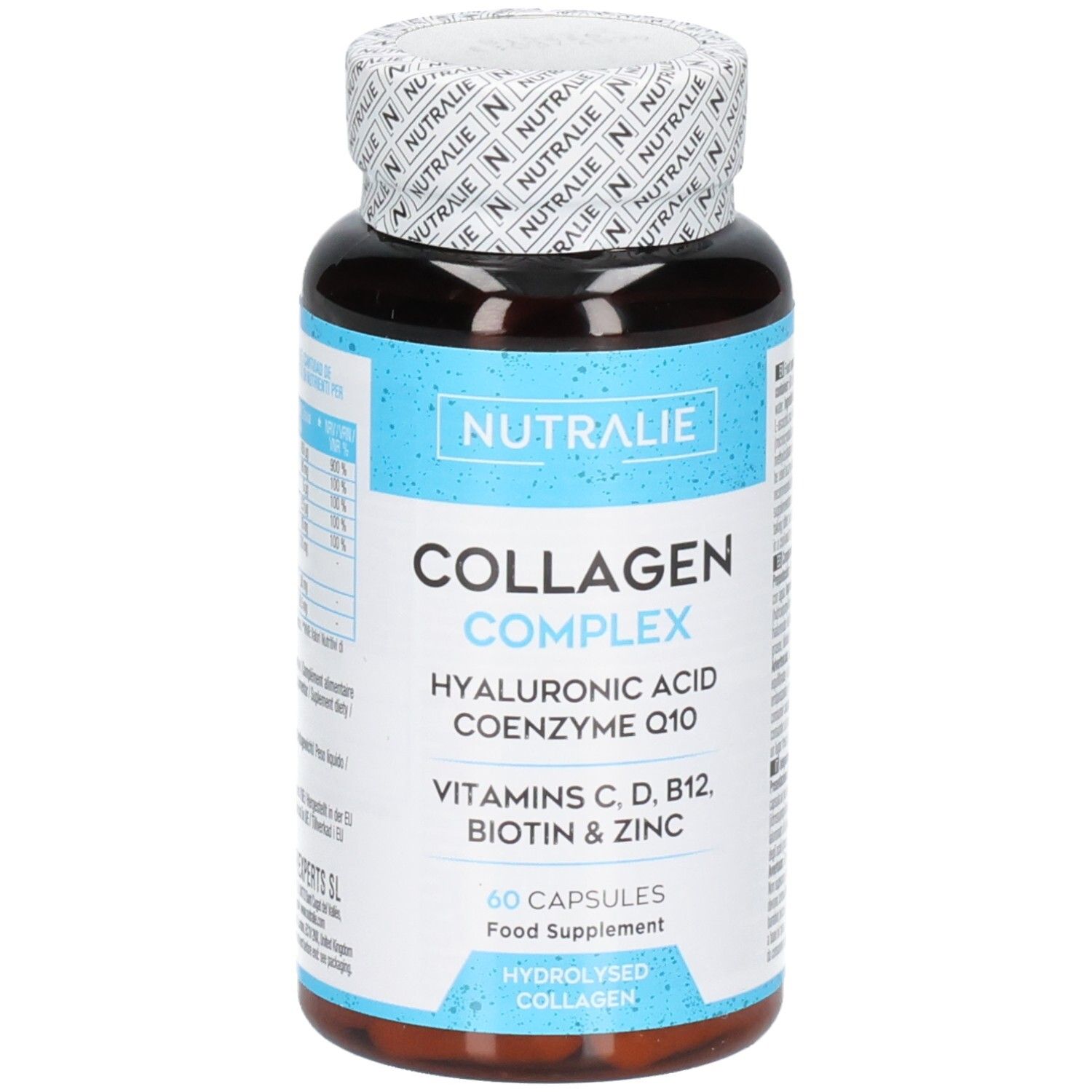 Nutralie Kollagen Complex Flasche mit 60 Kapseln. Enthält Kollagen, Hyaluronsäure, Coenzym Q10, Vitamine und Zink.