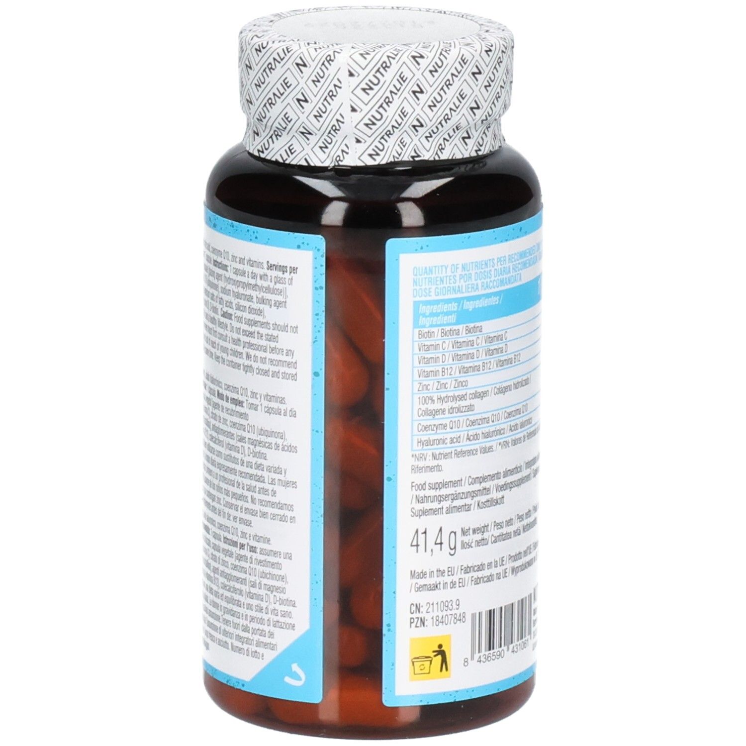 Seitenansicht der Nutralie Kollagen Complex Flasche mit detaillierten Inhaltsstoffinformationen.