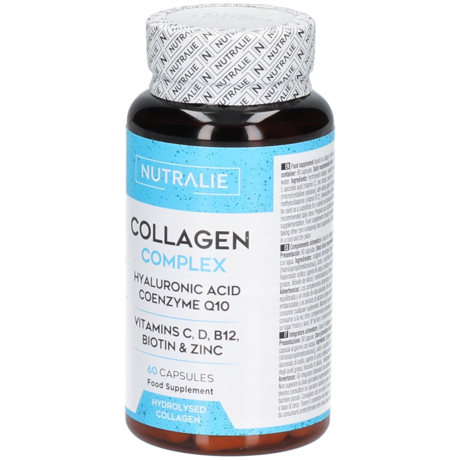 Nutralie Kollagen Complex Flasche mit 60 Kapseln, detaillierte Produktinformationen auf dem Etikett.