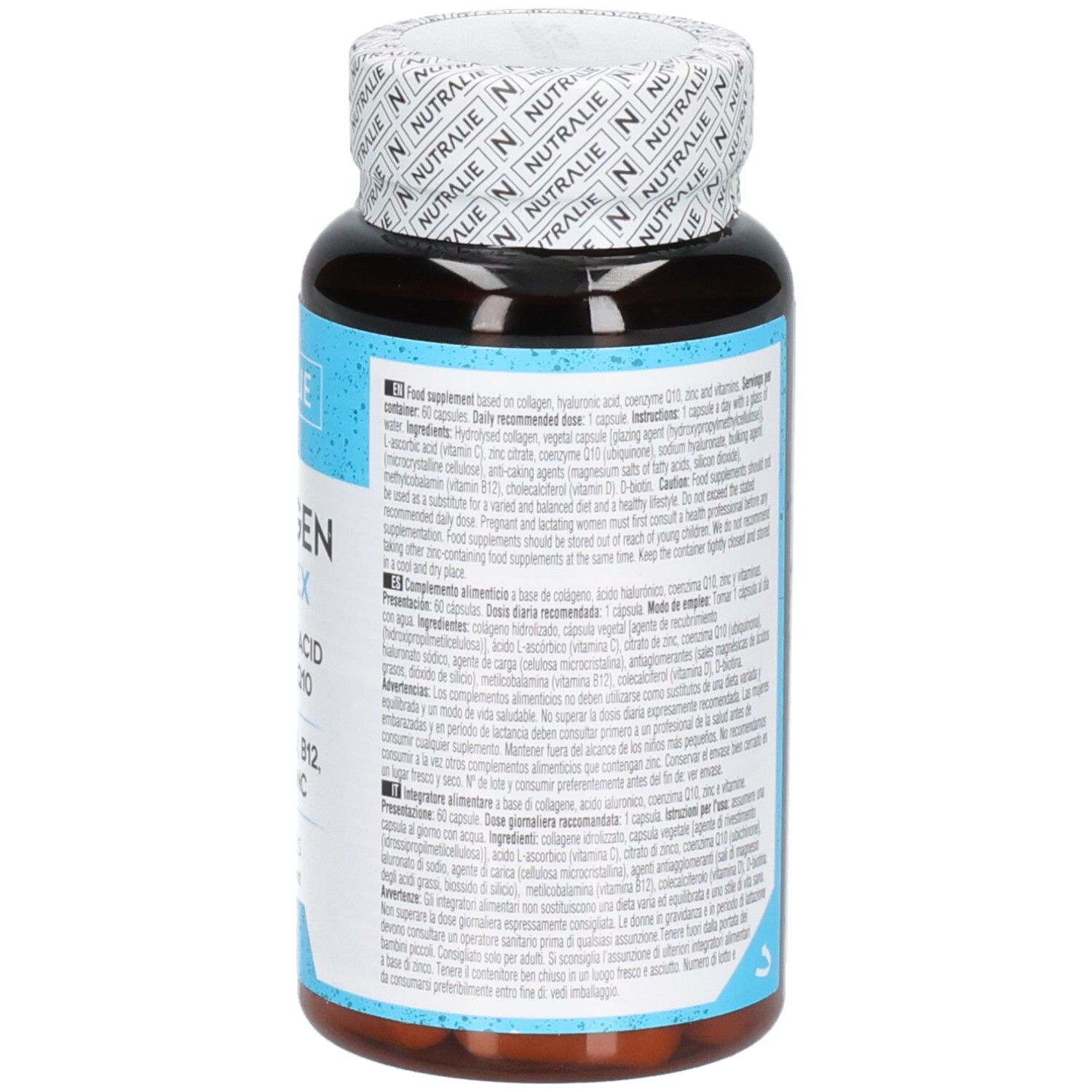Nutralie Kollagen Complex Flasche mit 60 Kapseln, detaillierte Informationen zu Inhaltsstoffen und Anwendung.