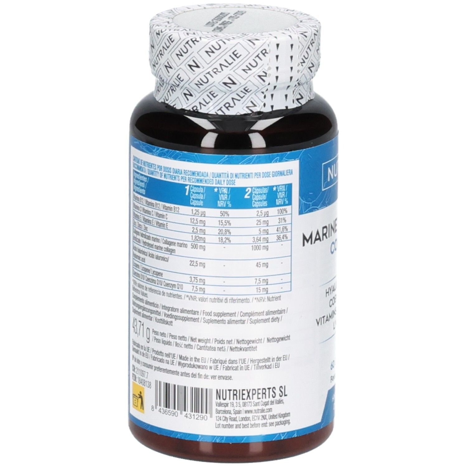 Rückseite der Nutralie Marine Collagen Complex Kapseln mit Nährwertangaben.