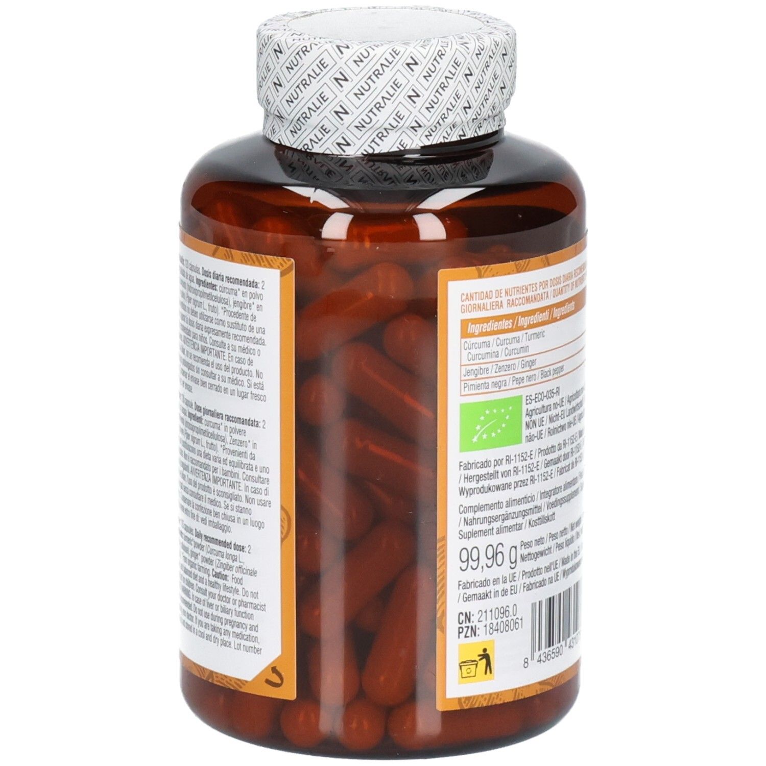 Seitenansicht der Nutralie Kurkuma Komplex Dose, gefüllt mit braunen Kapseln. 120 Stück.