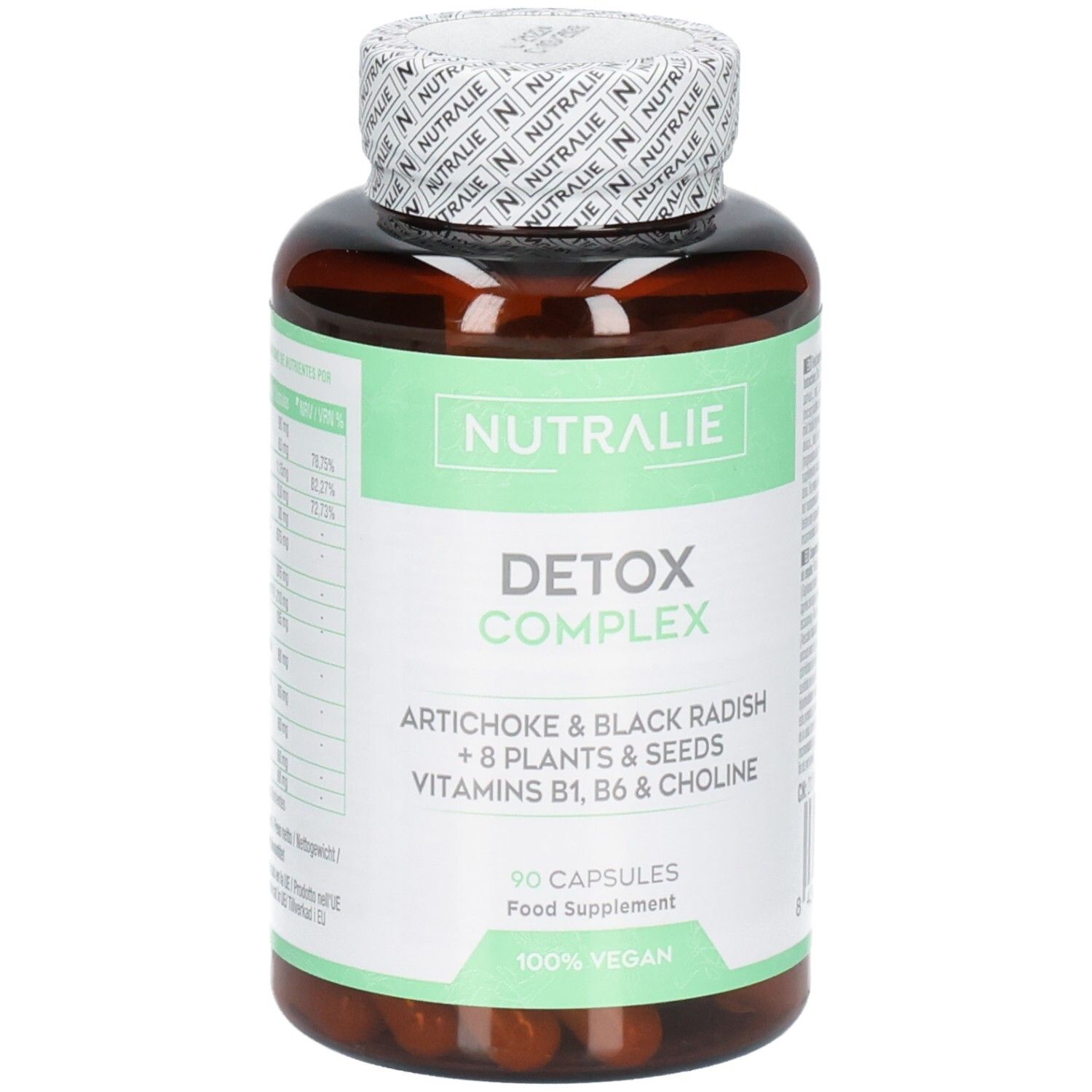 Nutralie Detox Complex Kapseln: Braune Flasche mit 90 veganen Kapseln. Artischocke, schwarzer Rettich, Vitamine B1, B6, Cholin.