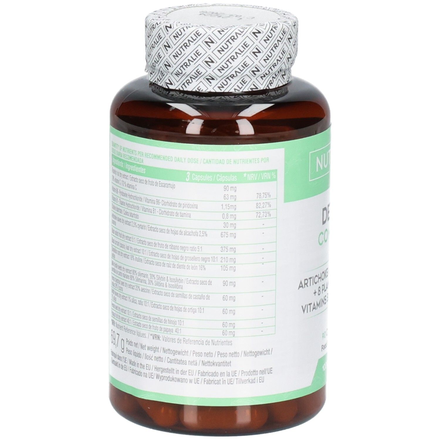 Rückseite der Nutralie Detox Complex Kapseln Flasche mit Nährwertangaben und Inhaltsstoffen.