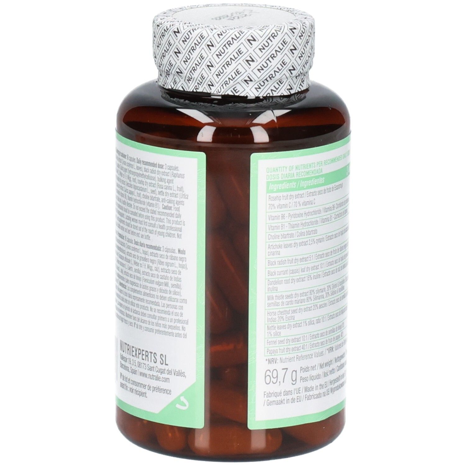 Seitenansicht der Nutralie Detox Complex Kapseln Flasche mit detaillierten Inhaltsstoffangaben.