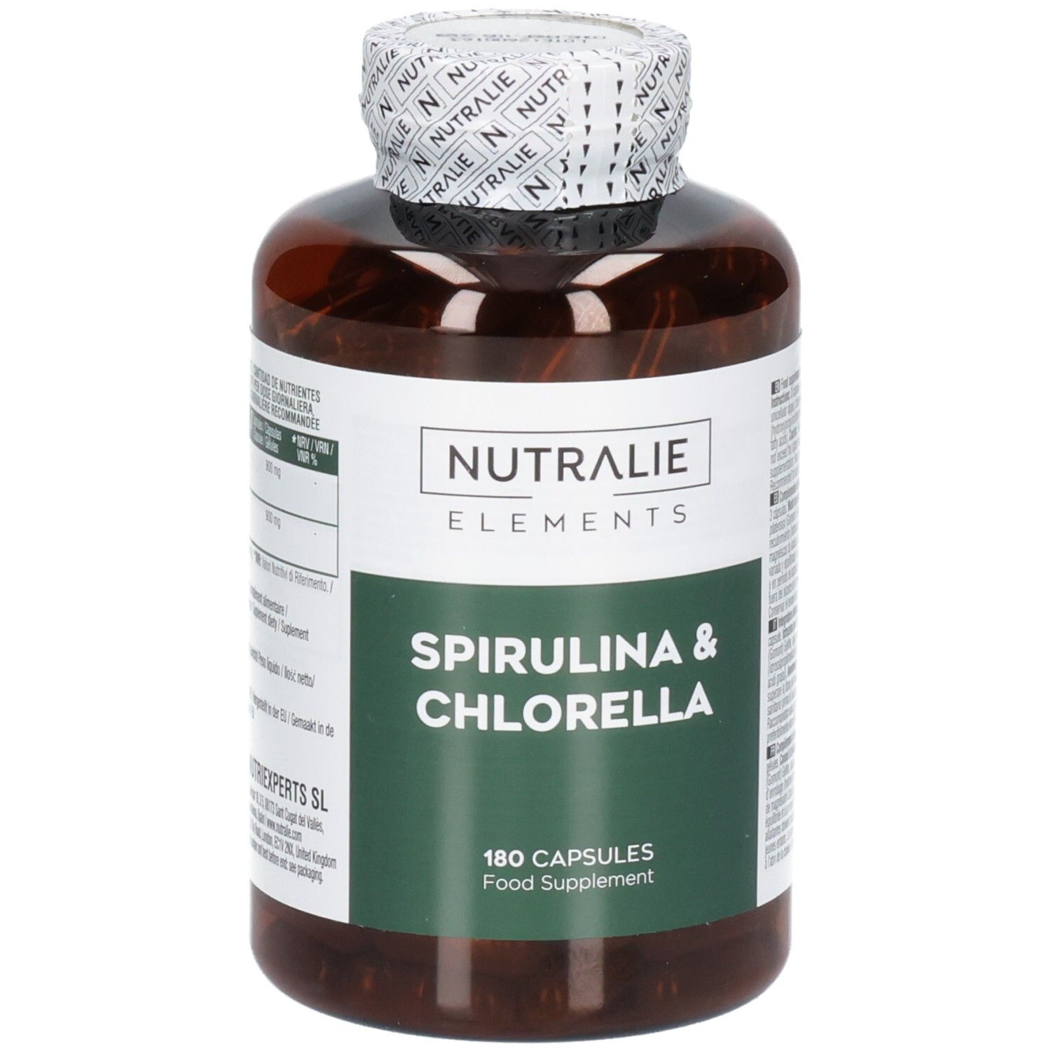 Braune Kapsel-Flasche mit Nutralie Spirulina & Chlorella Etikett, 180 Kapseln.