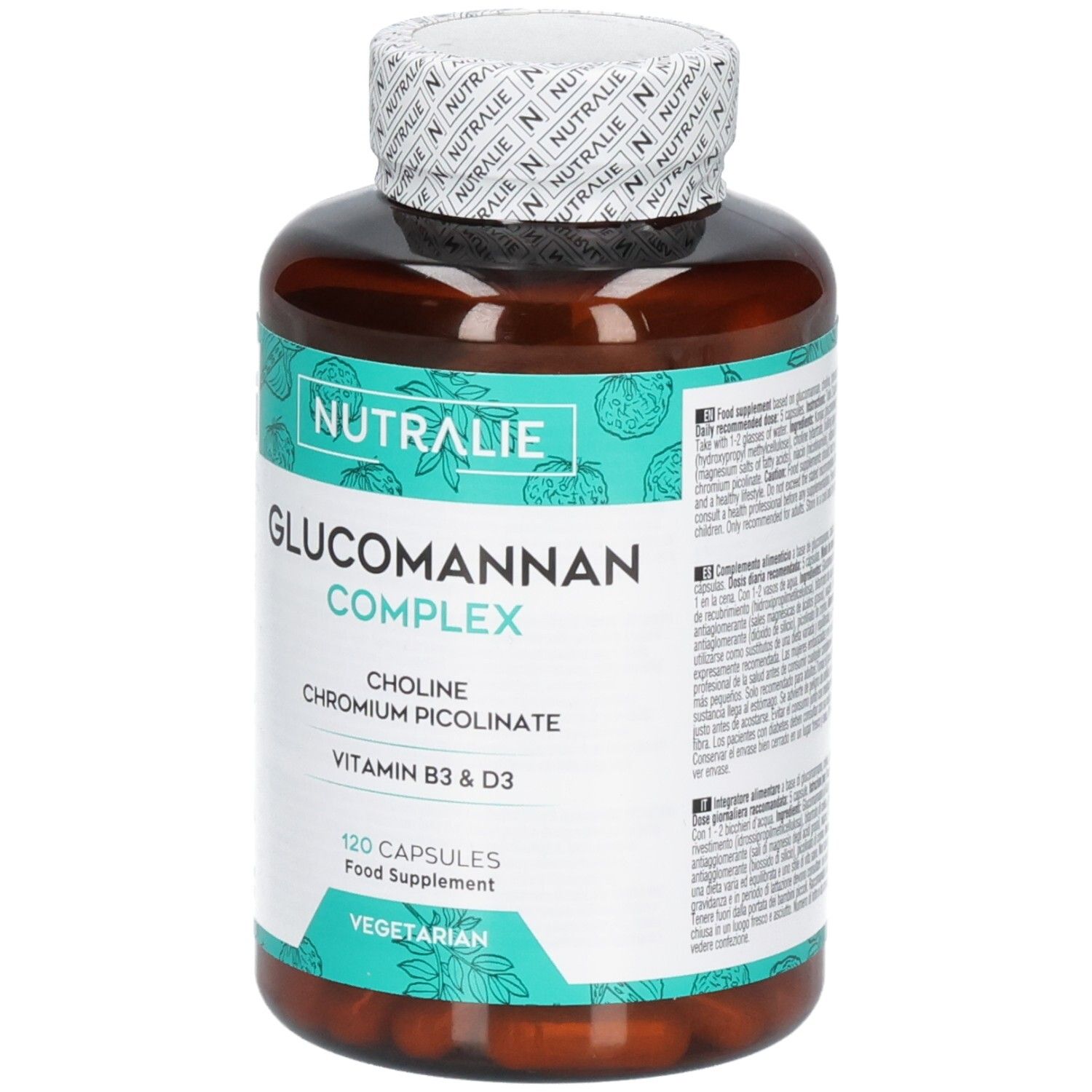 Vorderansicht der Nutralie Glucomannan Complex Flasche, 120 vegetarische Kapseln.