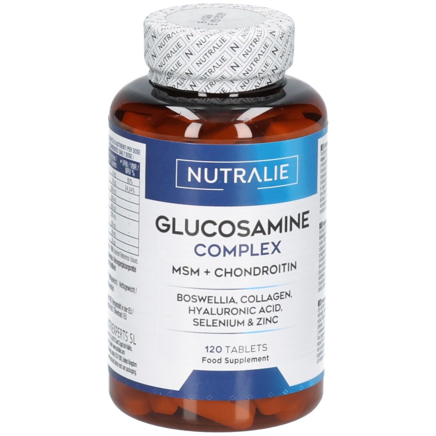 Nutralie Glucosamin Complex: Braune Flasche mit 120 Tabletten. Enthält MSM, Chondroitin, Boswellia, Kollagen, Hyaluronsäure, Selen & Zink.