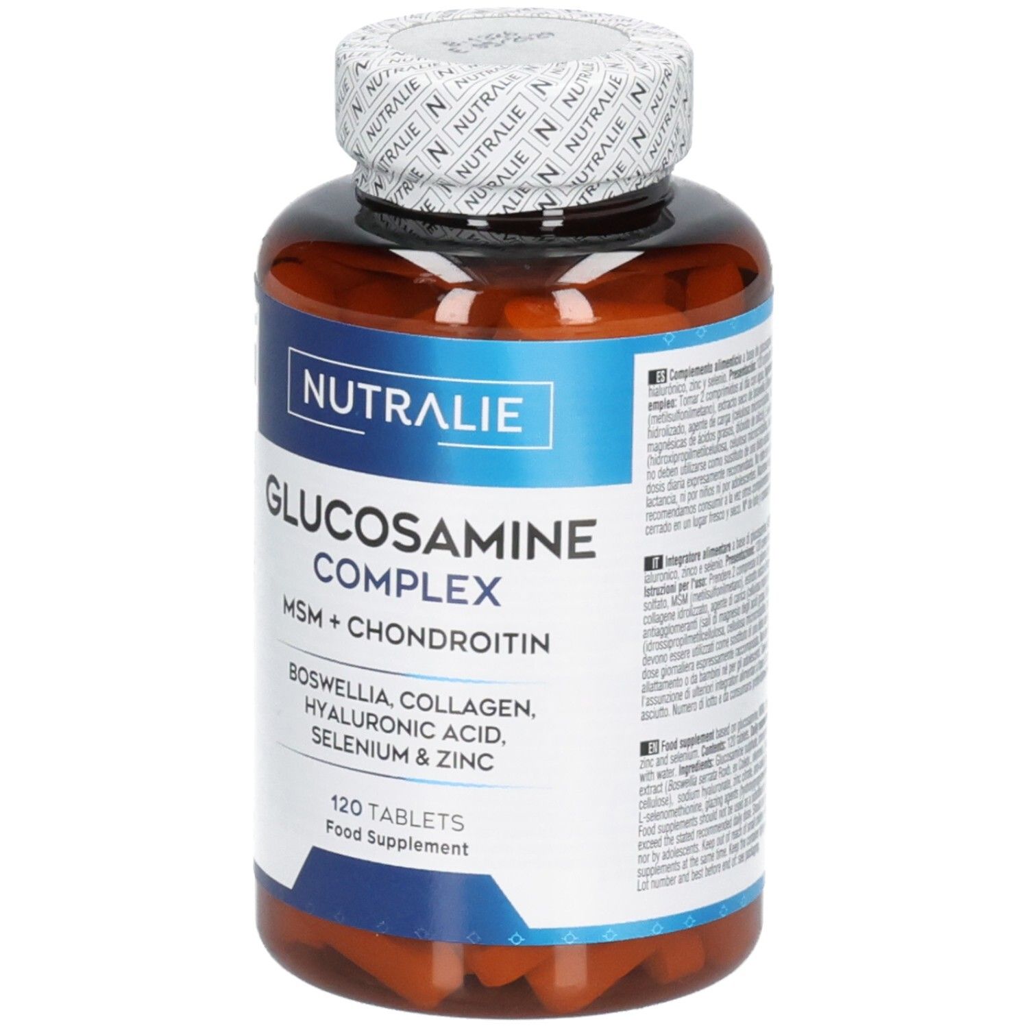 Nutralie Glucosamin Complex: Braune Flasche mit 120 Tabletten. Enthält MSM, Chondroitin, Boswellia, Kollagen, Hyaluronsäure, Selen & Zink.