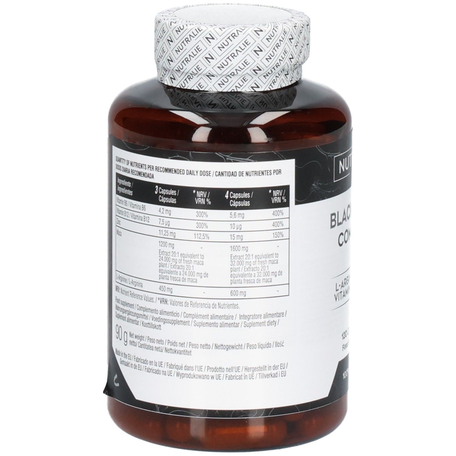 Nutralie Black Maca Complex: Rückseite der Dose mit Nährwertangaben und Inhaltsstoffen.