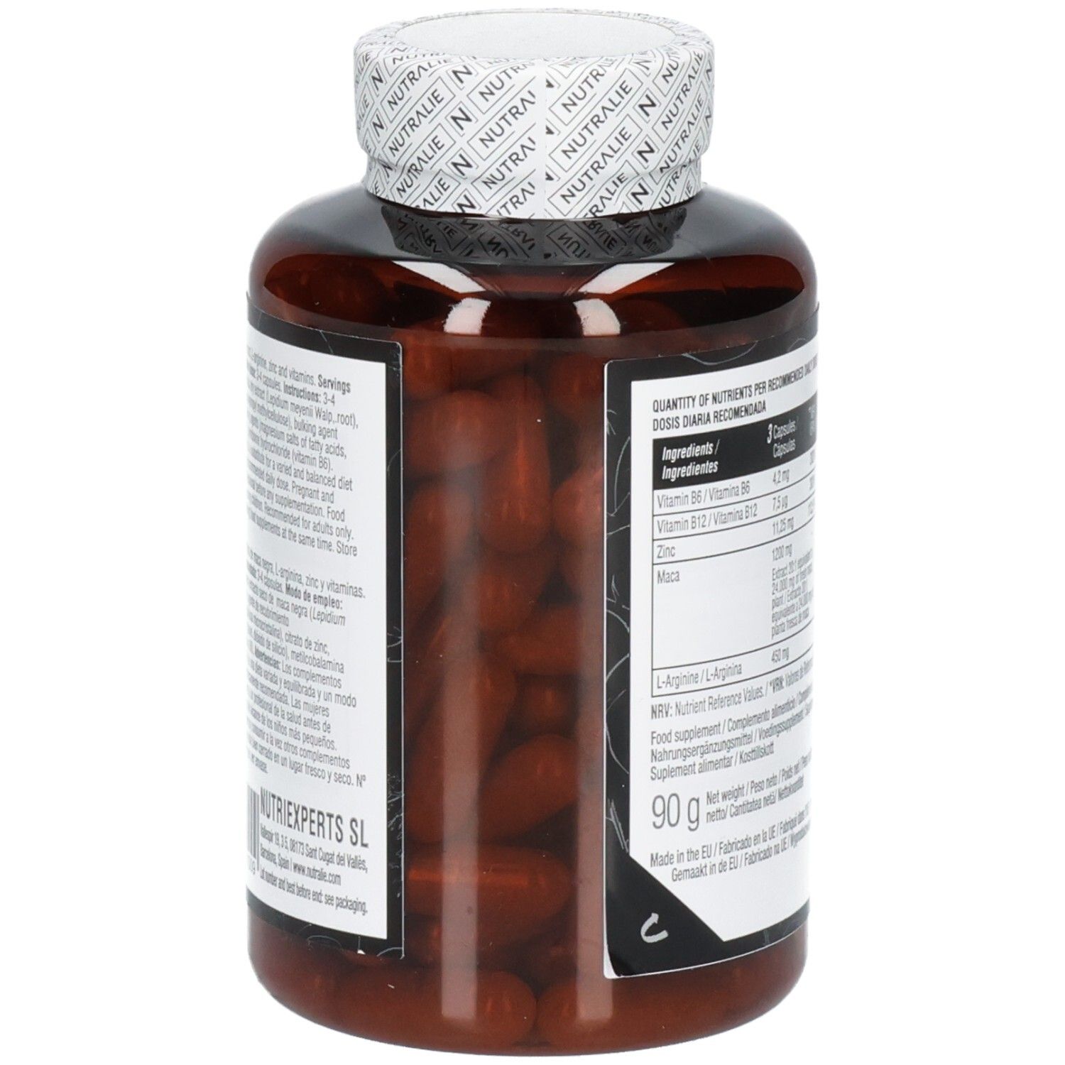 Nutralie Black Maca Complex: Seitenansicht der Dose, gefüllt mit Kapseln.