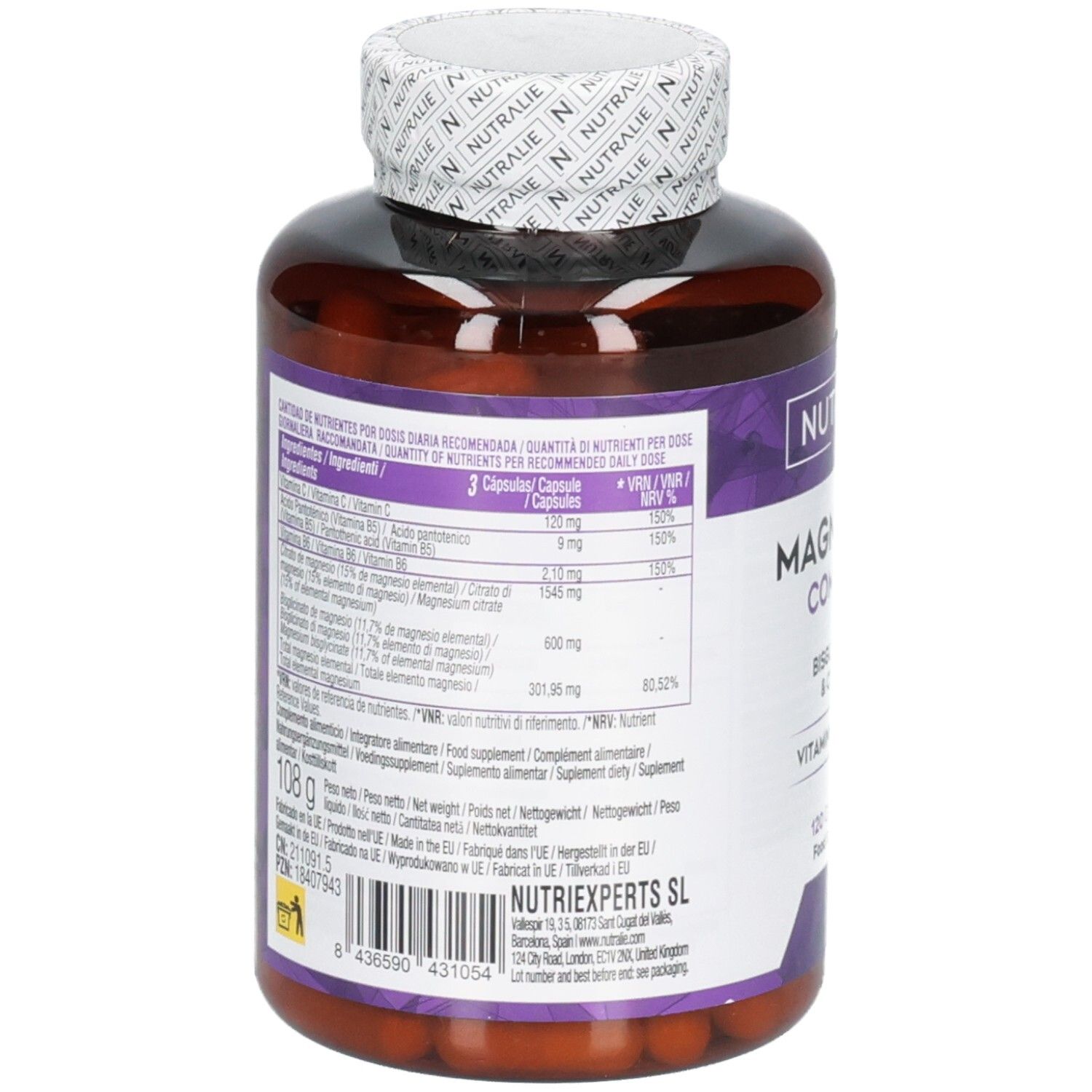 Rückseite der Nutralie Magnesium Komplex Kapseln Flasche mit Nährwertangaben und Inhaltsstoffen.