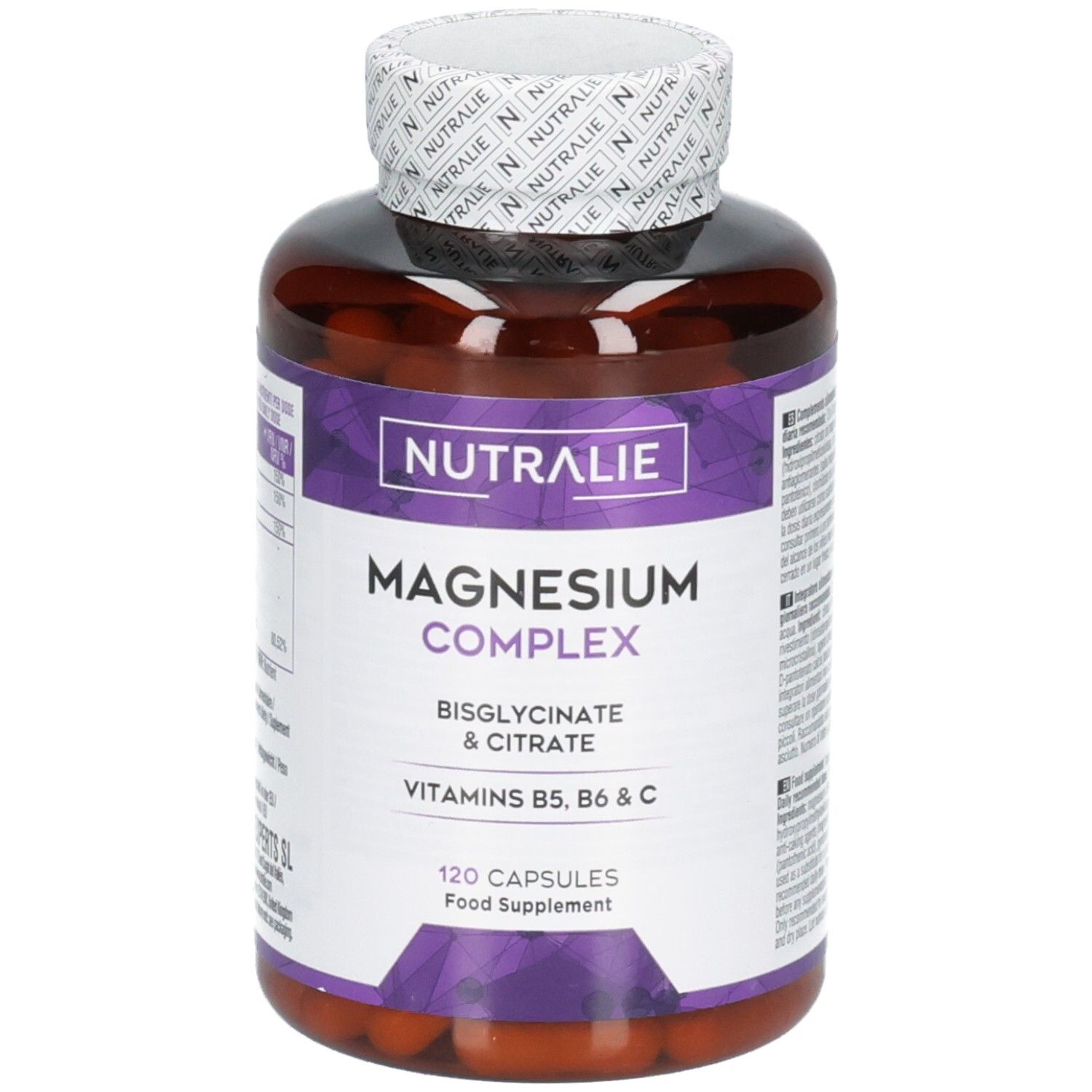 Nutralie Magnesium Komplex Kapseln: Braune Flasche mit 120 Kapseln. Enthält Magnesiumbisglycinat & Citrat, Vitamine B5, B6 & C.