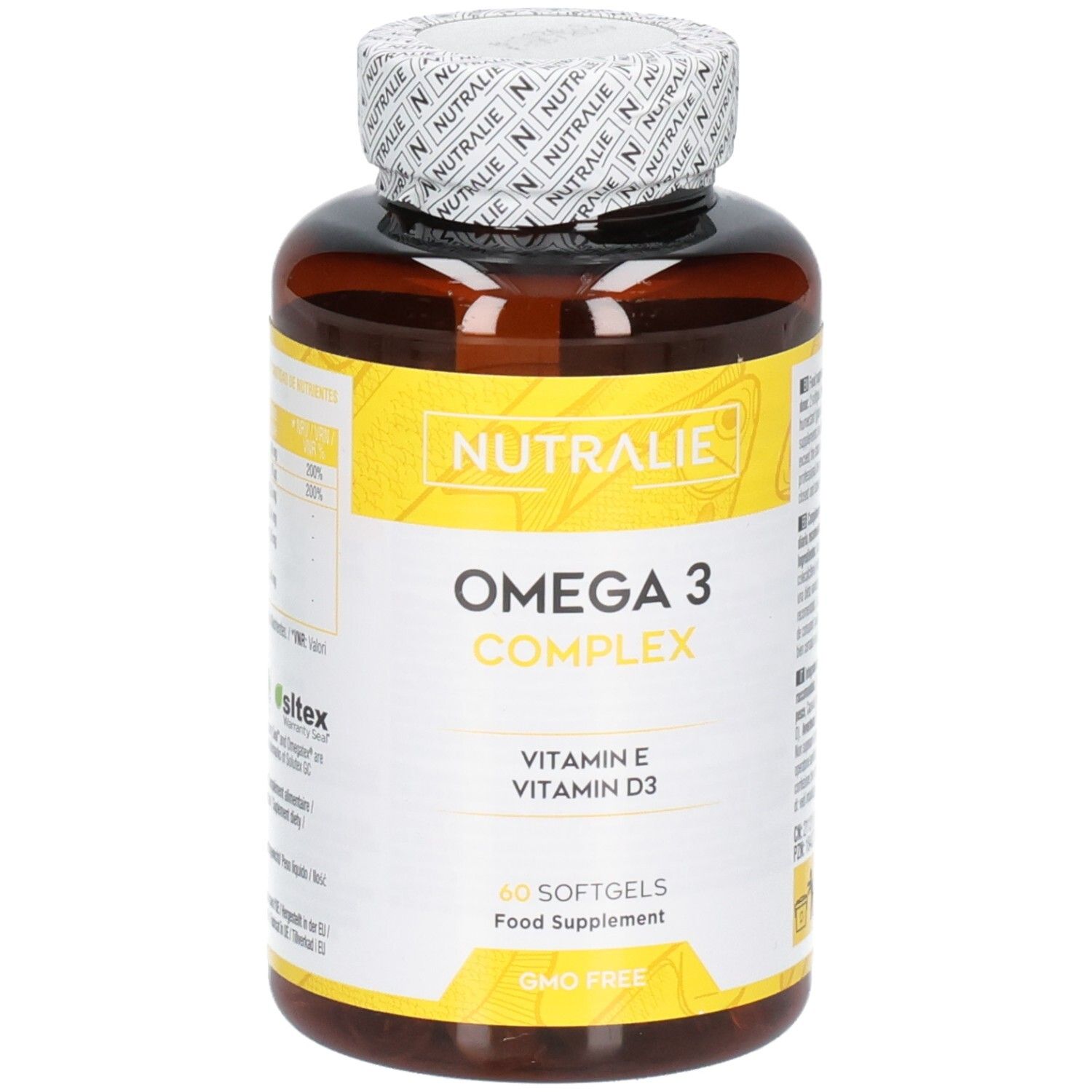 Bernsteinfarbene Flasche mit Nutralie Omega 3 Komplex Softgels, 60 Stück.