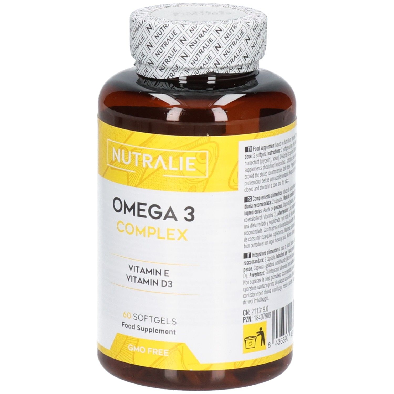 Vorderseite einer Nutralie Omega 3 Komplex Flasche, 60 Softgels, GMO-frei.