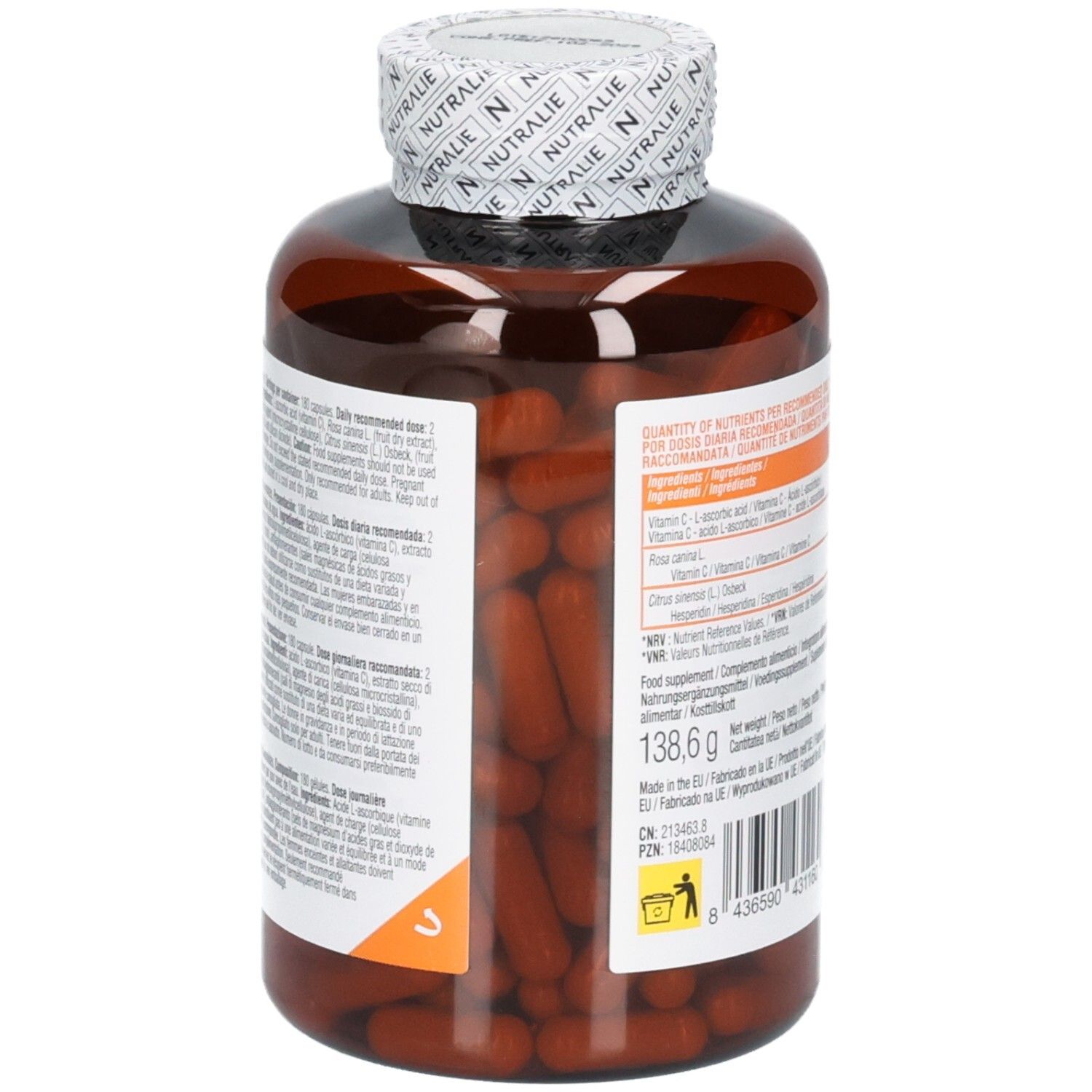 Seitenansicht einer Nutralie Vitamin C 1000 mg Flasche mit detaillierten Informationen auf dem Etikett.