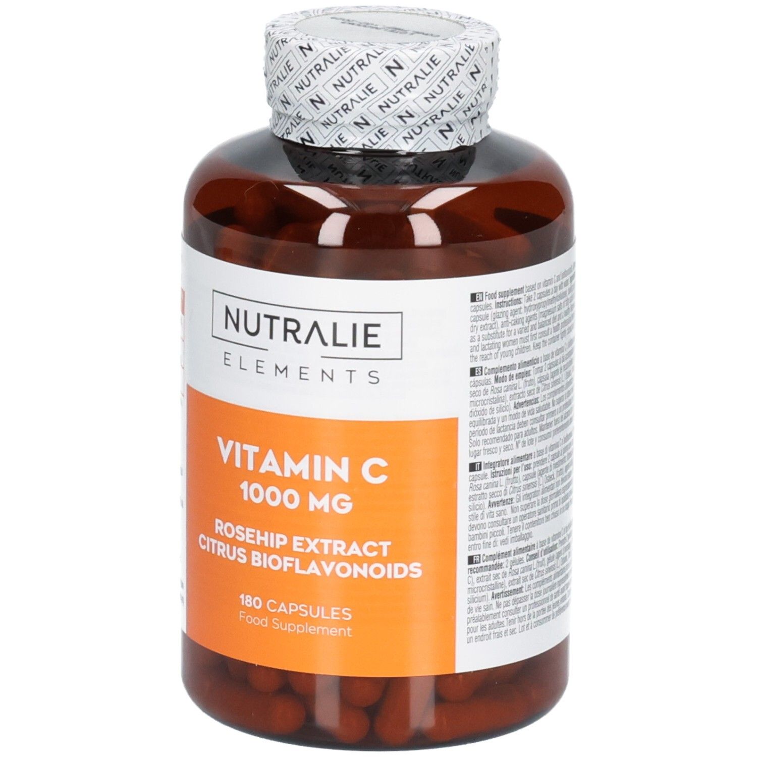 Nutralie Vitamin C 1000 mg Flasche mit 180 Kapseln, Hagebuttenextrakt und Zitrus-Bioflavonoiden.