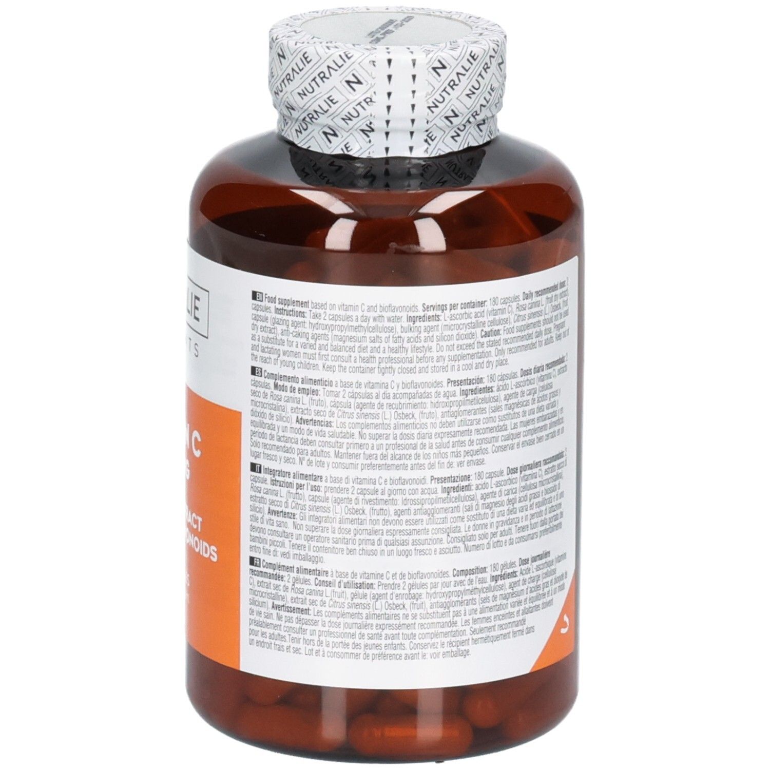 Rückseite einer Nutralie Vitamin C 1000 mg Flasche mit detaillierten Informationen in mehreren Sprachen.