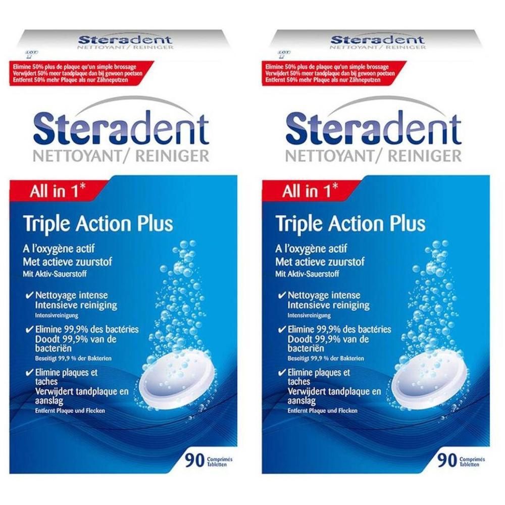 Zwei Packungen Steradent All in 1 Triple Action Plus Prothesenreiniger-Tabletten, 90 Stück pro Packung.