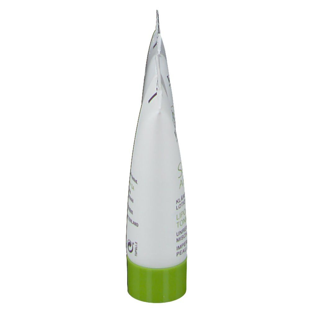 Eine Tube Louis Widmer Skin Appeal, Seitenansicht. Weiß mit grünem Verschluss. Text: Lotion. Für unreine, fettige Haut.