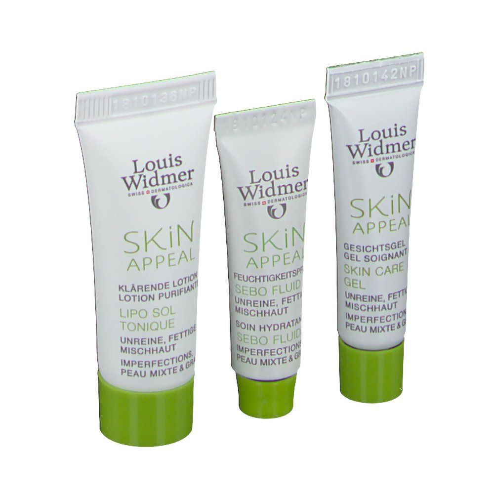 Drei Tuben Louis Widmer Skin Appeal. Weiß, grün. Text: Klarende Lotion, Sebo Fluid, Gesichtsgel. Für unreine, fettige Haut.