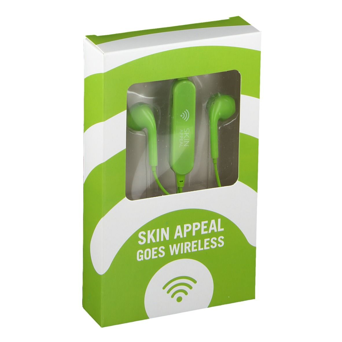 Grüne In-Ear-Kopfhörer in einer Verpackung mit Sichtfenster. Aufschrift: SKIN APPEAL GOES WIRELESS.