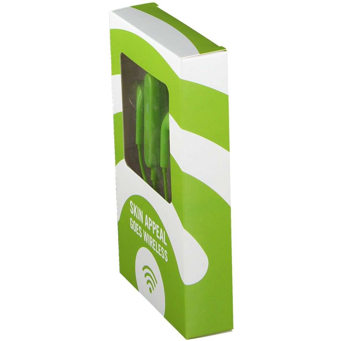 Verpackung mit grünen In-Ear-Kopfhörern. Aufschrift: SKIN APPEAL GOES WIRELESS. Sichtfenster.