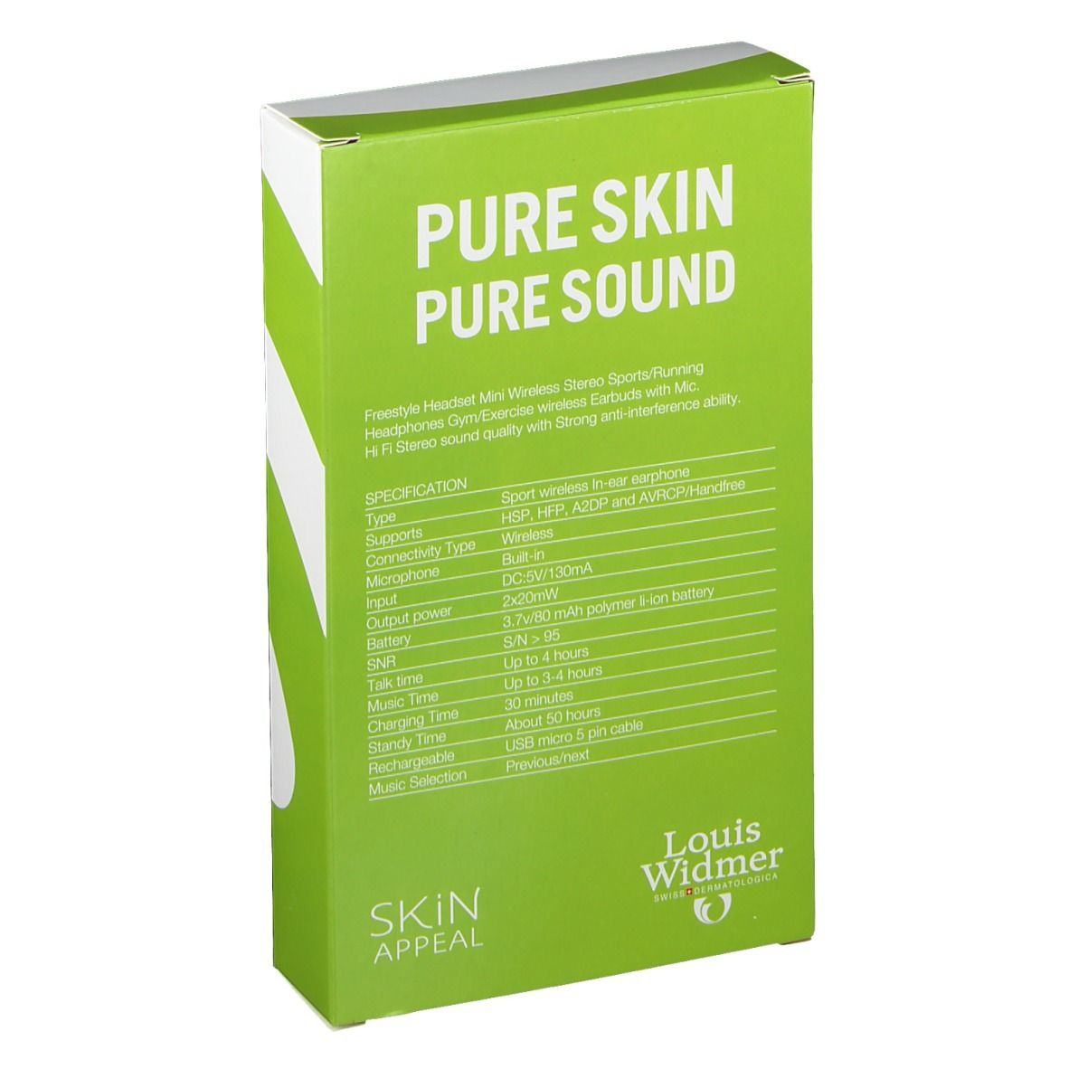 Rückseite der Verpackung mit Produktinformationen. Text: PURE SKIN PURE SOUND. Logo: Louis Widmer.