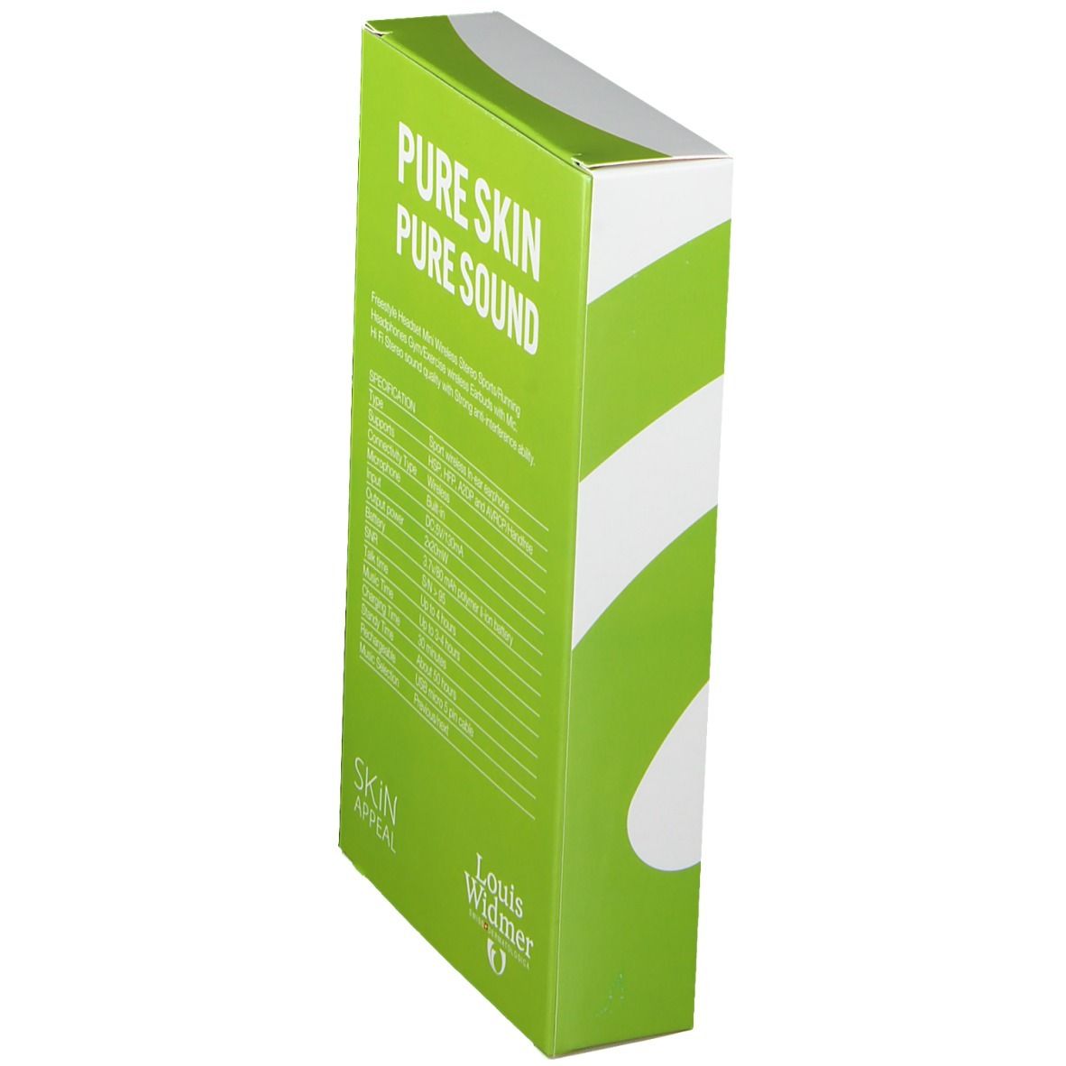 Verpackung mit Text: PURE SKIN PURE SOUND. Logo: Louis Widmer. Grüne und weiße Streifen.