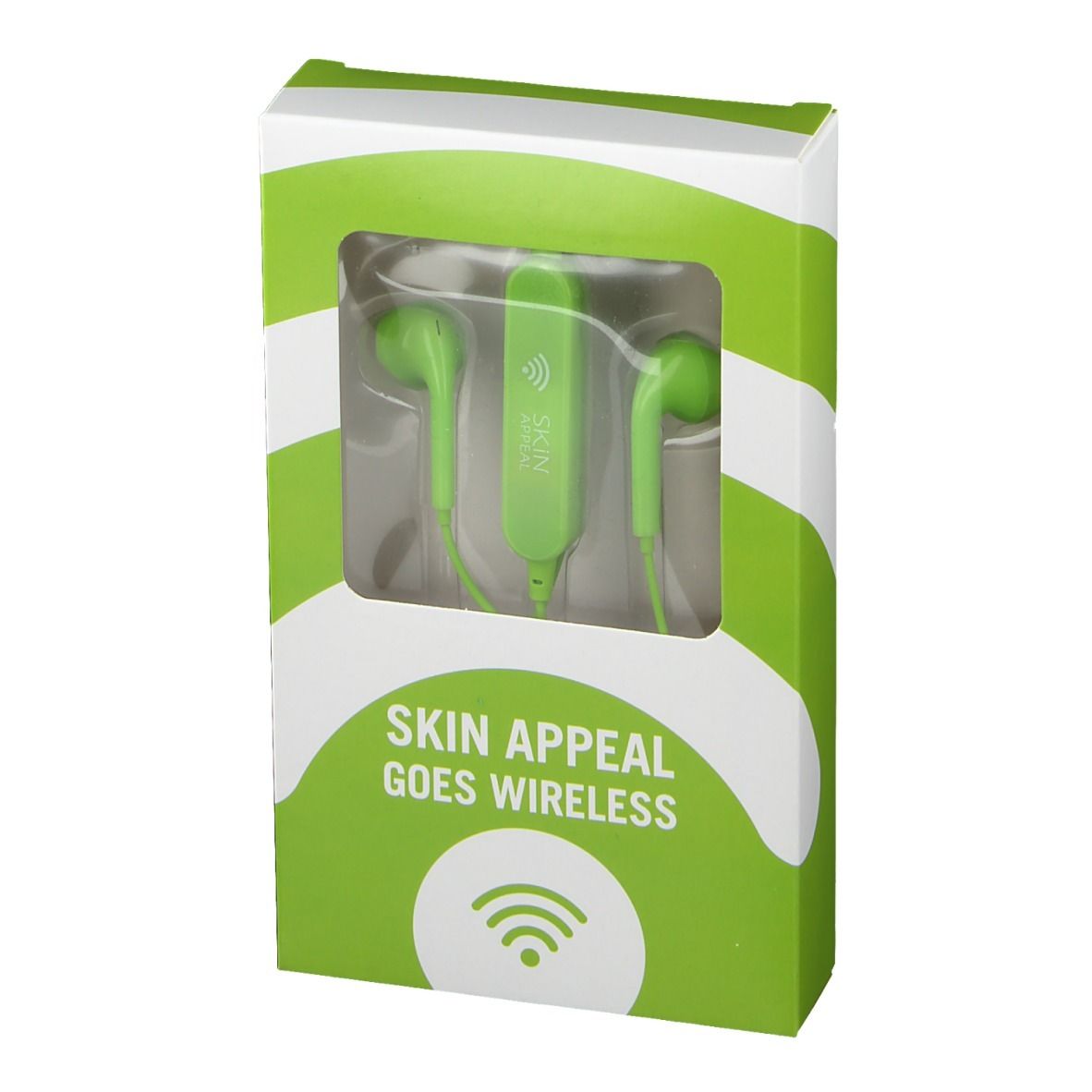 Grüne In-Ear-Kopfhörer in einer Verpackung mit Sichtfenster. Aufschrift: SKIN APPEAL GOES WIRELESS.