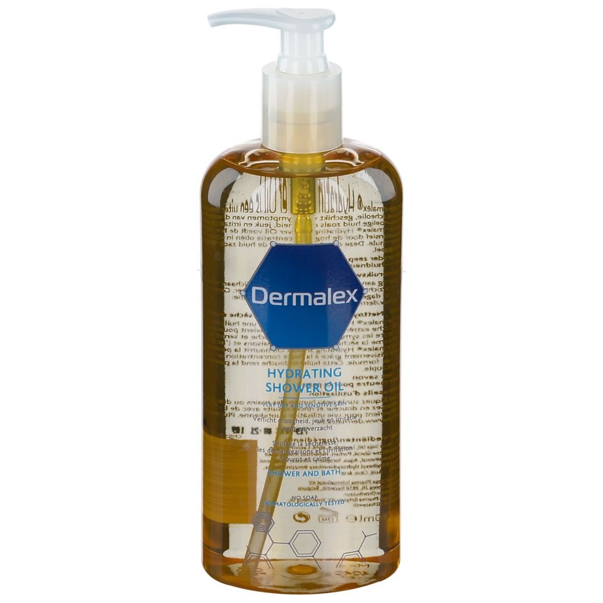 Braune Flüssigkeit in einer transparenten Flasche mit Pumpe. Aufkleber mit Logo und Text. Hydratisierendes Duschöl.